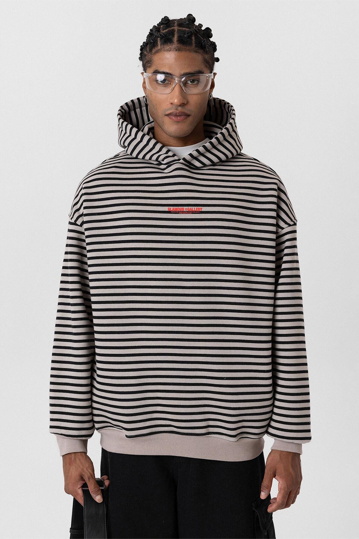 Yazı Detaylı Kapüşonlu Oversize Sweatshirt Vizon