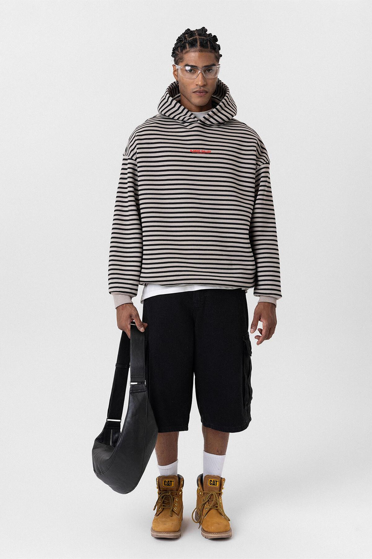 Yazı Detaylı Kapüşonlu Oversize Sweatshirt Vizon