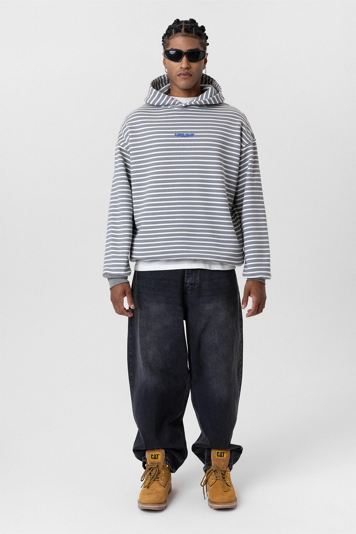 Yazı Detaylı Kapüşonlu Oversize Sweatshirt Gri