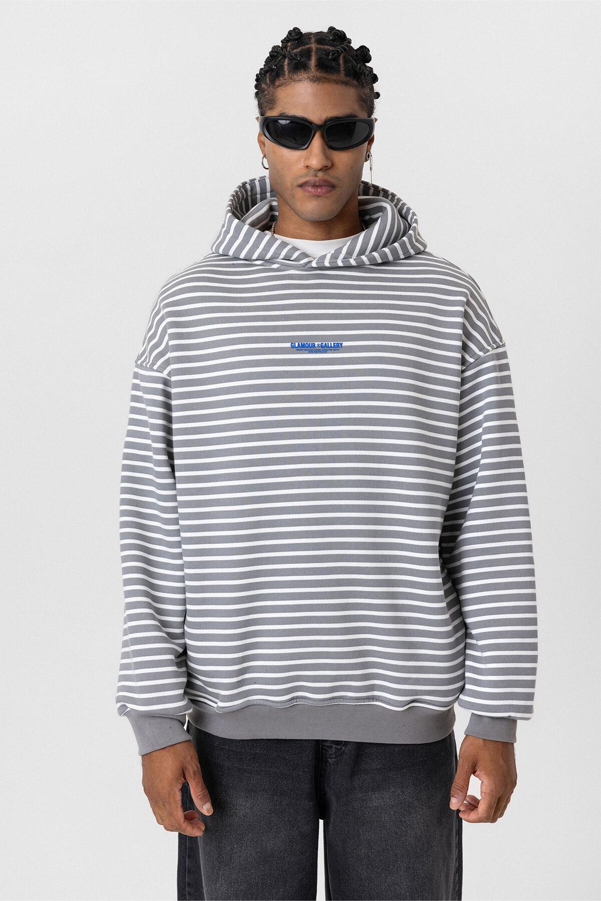 Yazı Detaylı Kapüşonlu Oversize Sweatshirt Gri