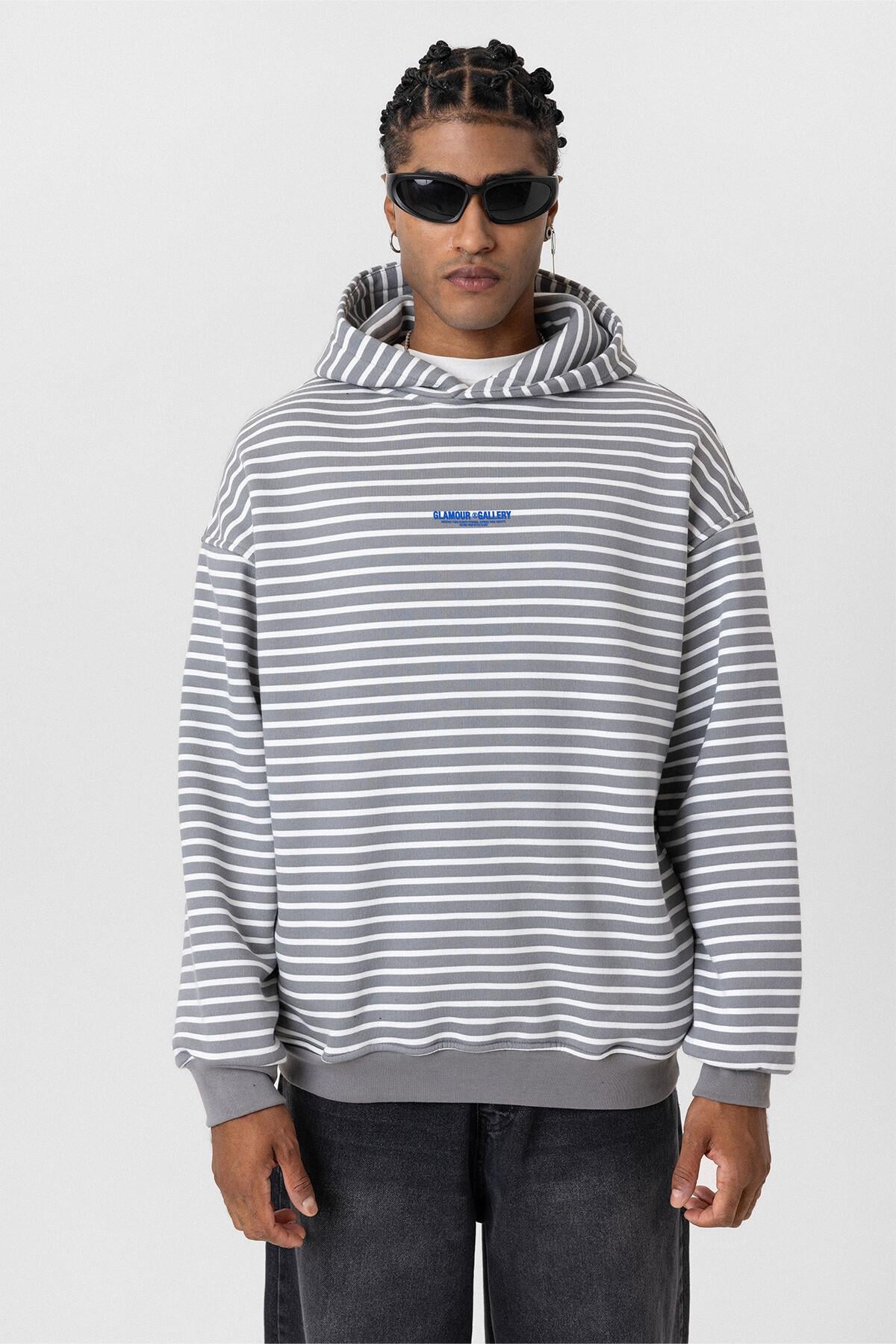 Yazı Detaylı Kapüşonlu Oversize Sweatshirt Gri