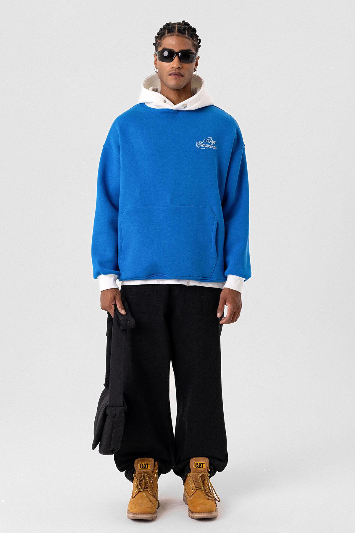 Yazı Detaylı Oversize Kapüşonlu Sweatshirt Turkuaz