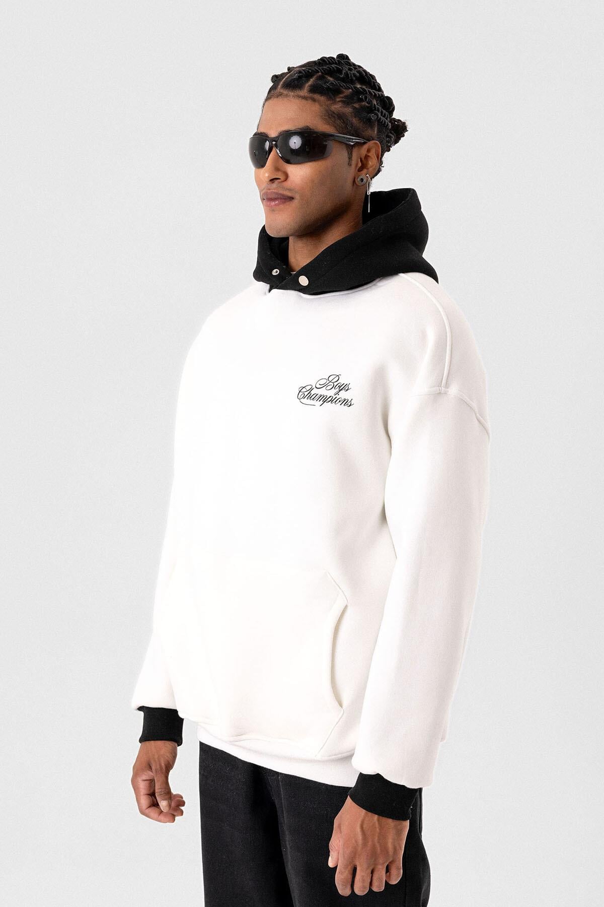 Yazı Detaylı Oversize Kapüşonlu Sweatshirt Ekru