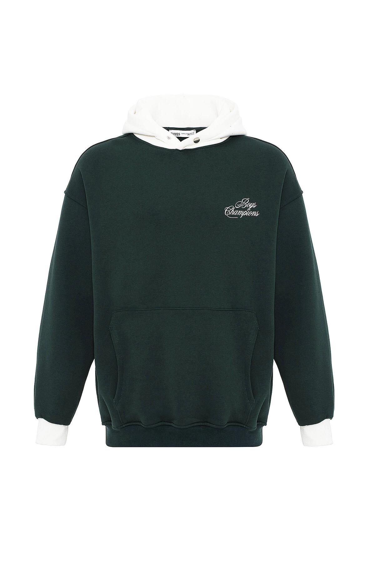 Yazı Detaylı Oversize Kapüşonlu Sweatshirt Nefti