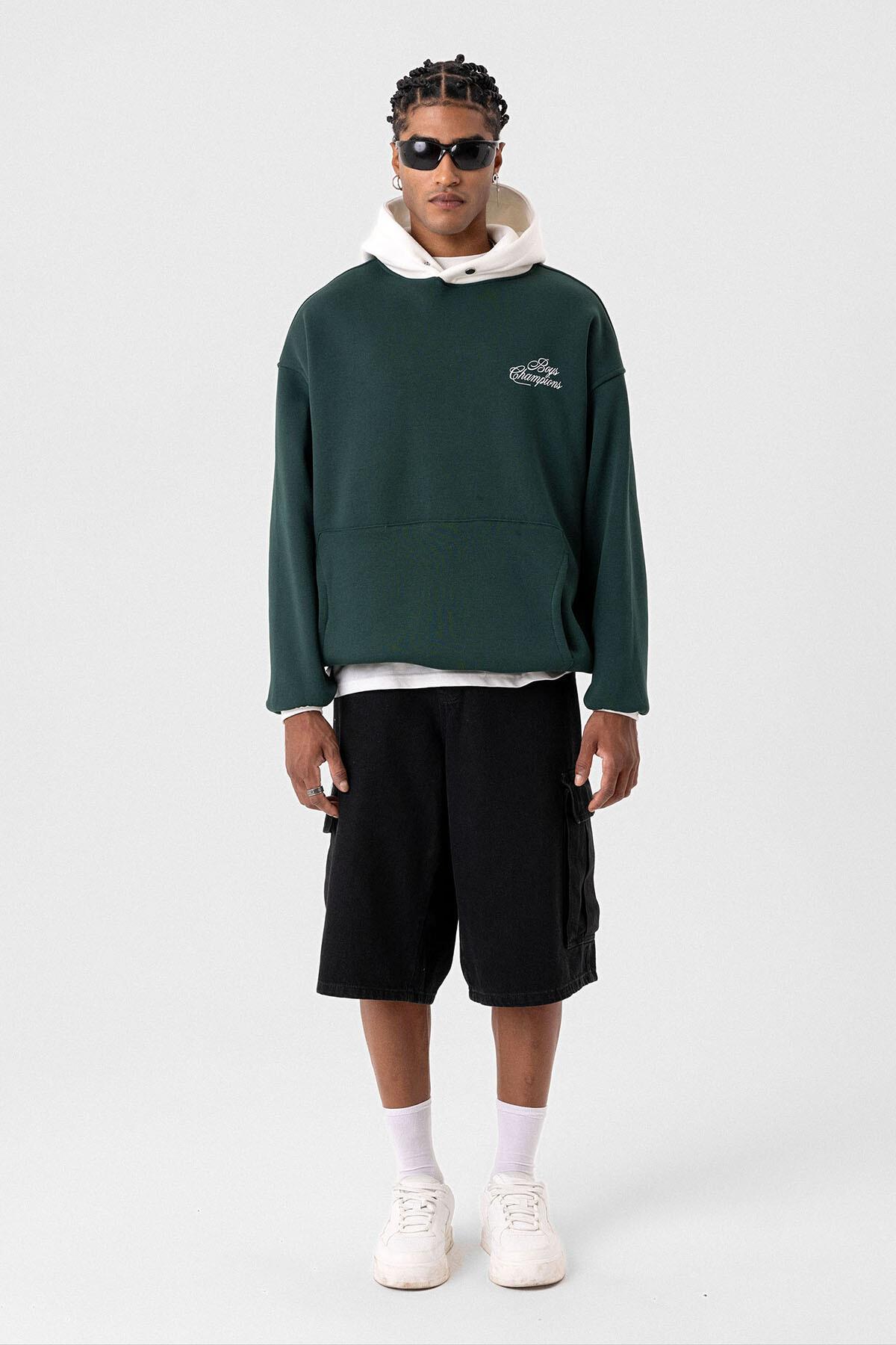 Yazı Detaylı Oversize Kapüşonlu Sweatshirt Nefti