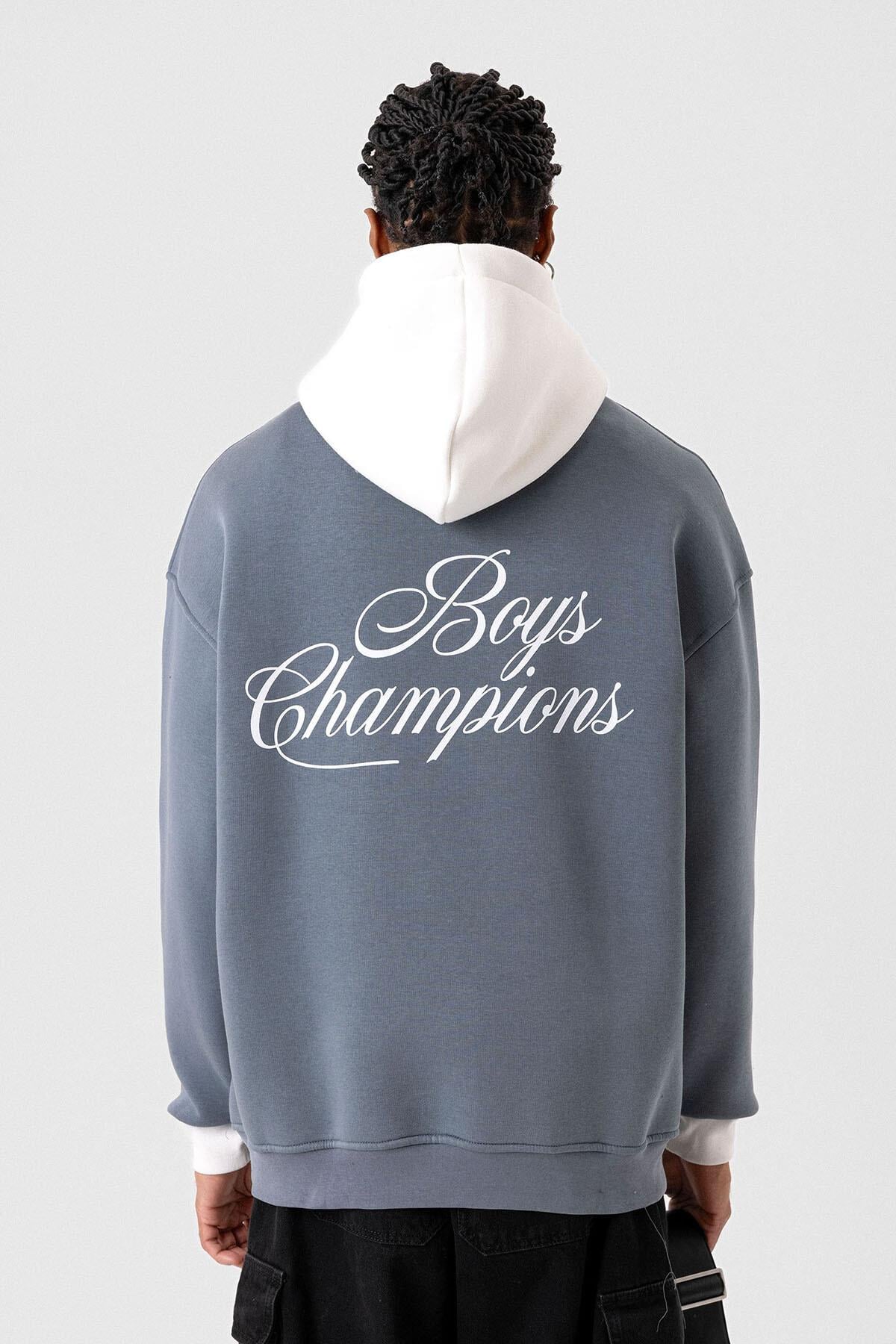 Yazı Detaylı Oversize Kapüşonlu Sweatshirt Açık Füme