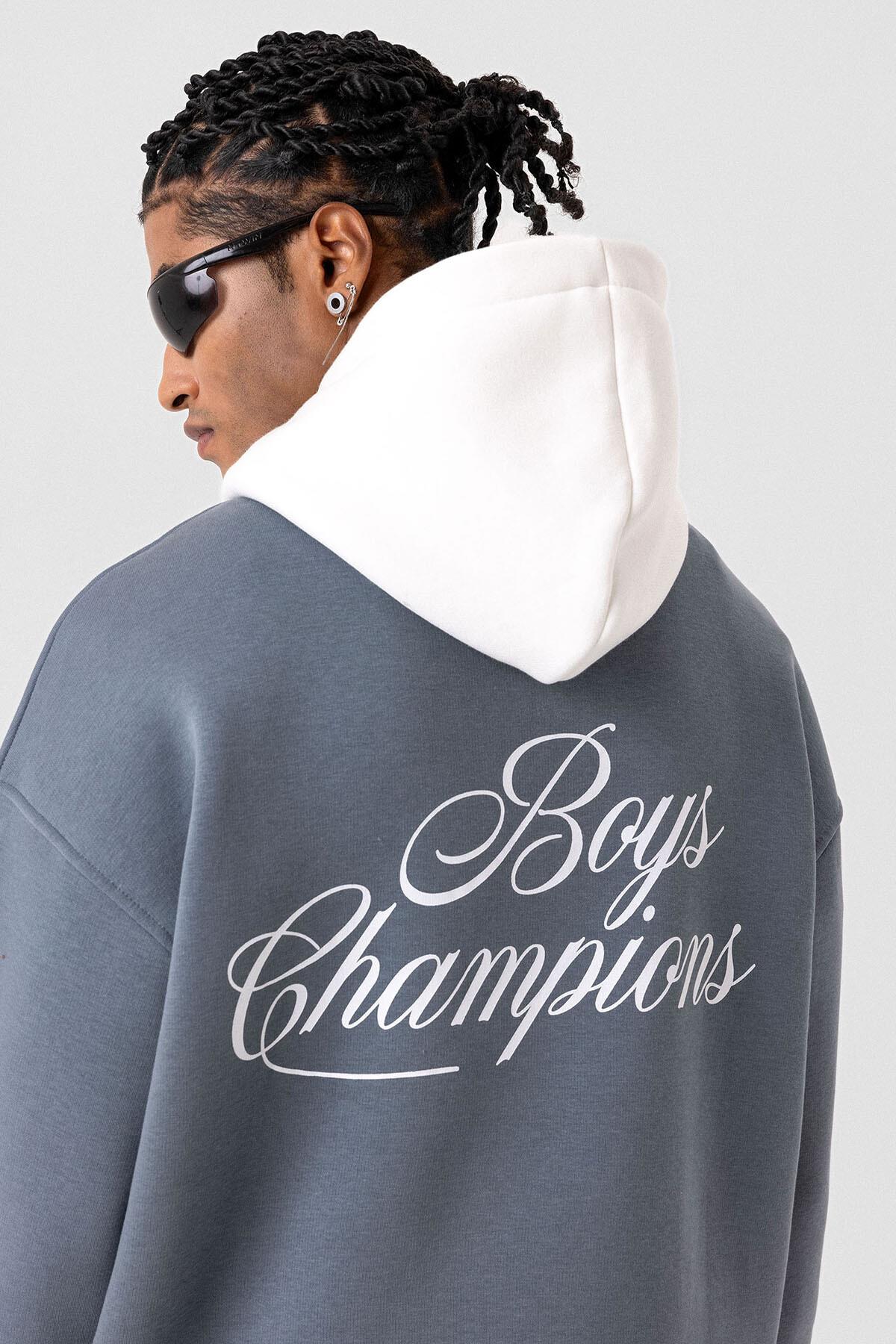 Yazı Detaylı Oversize Kapüşonlu Sweatshirt Açık Füme