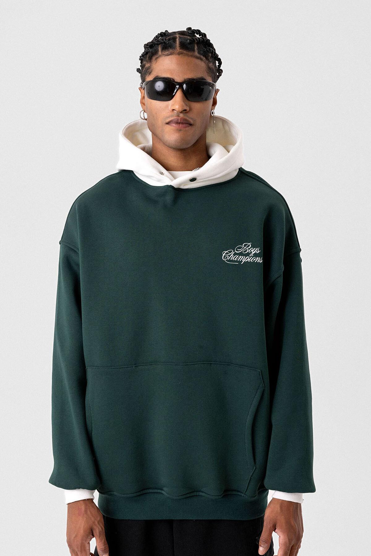 Yazı Detaylı Oversize Kapüşonlu Sweatshirt Nefti