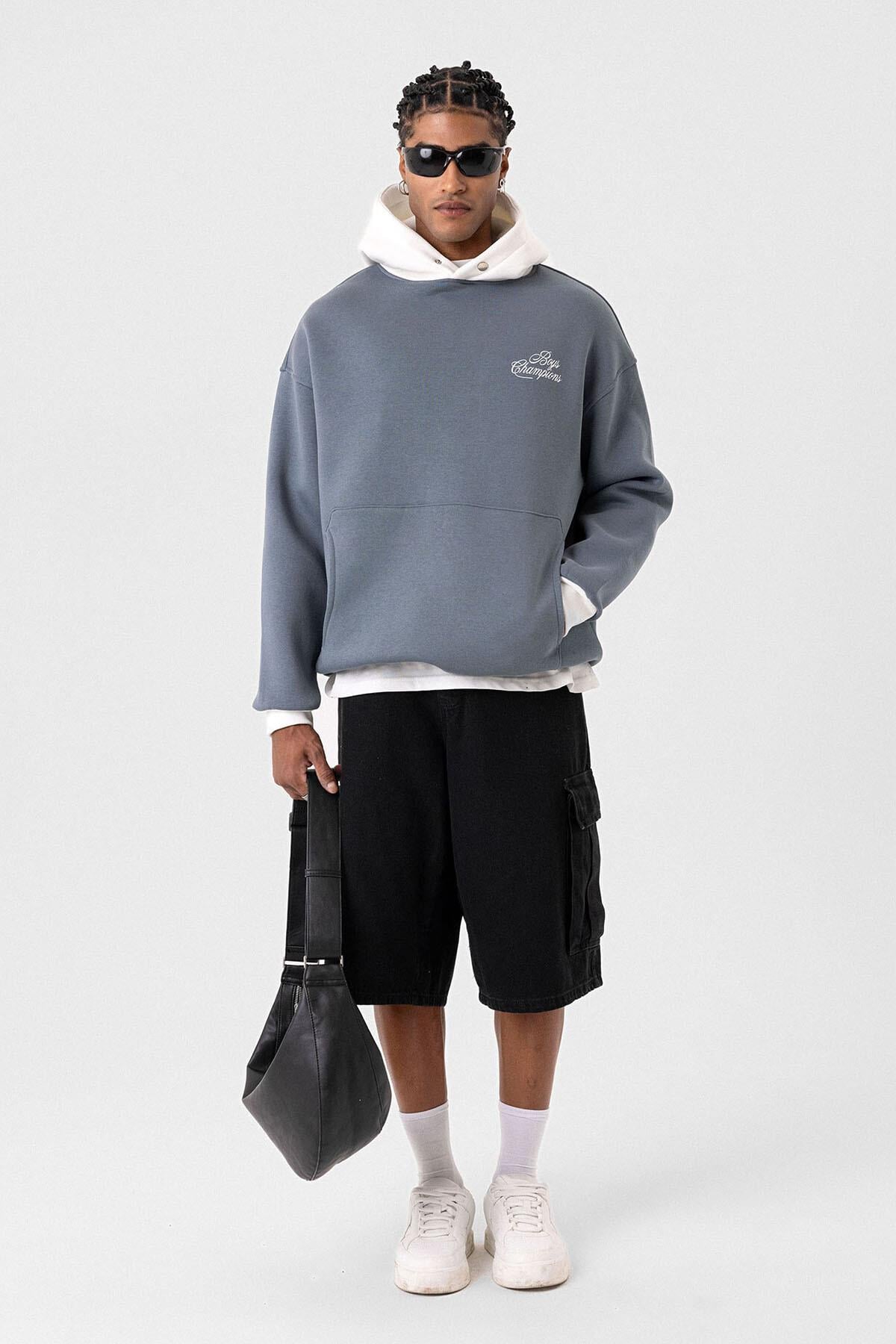 Yazı Detaylı Oversize Kapüşonlu Sweatshirt Açık Füme