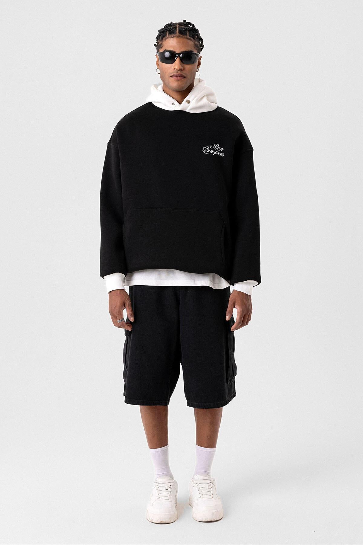 Yazı Detaylı Oversize Kapüşonlu Sweatshirt Siyah