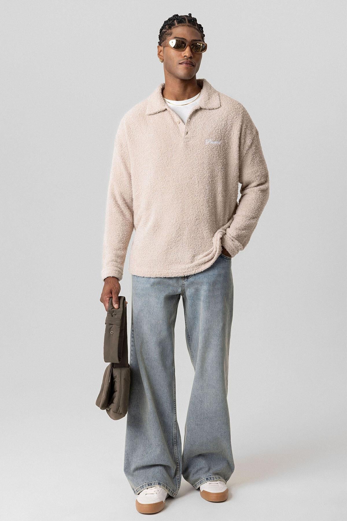 Yazı Detaylı Oversize Sweatshirt Taş
