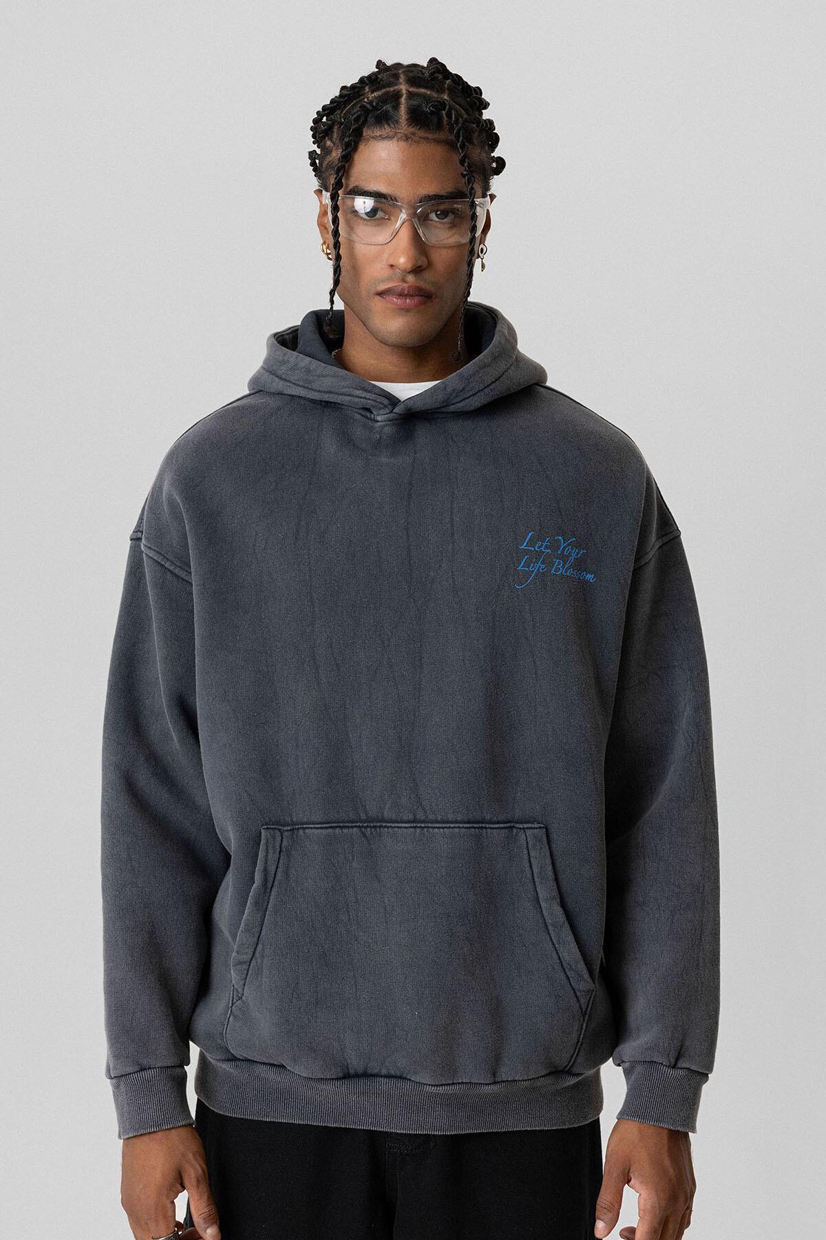 Yazı Detaylı Yıkamalı Oversize Sweatshirt Siyah