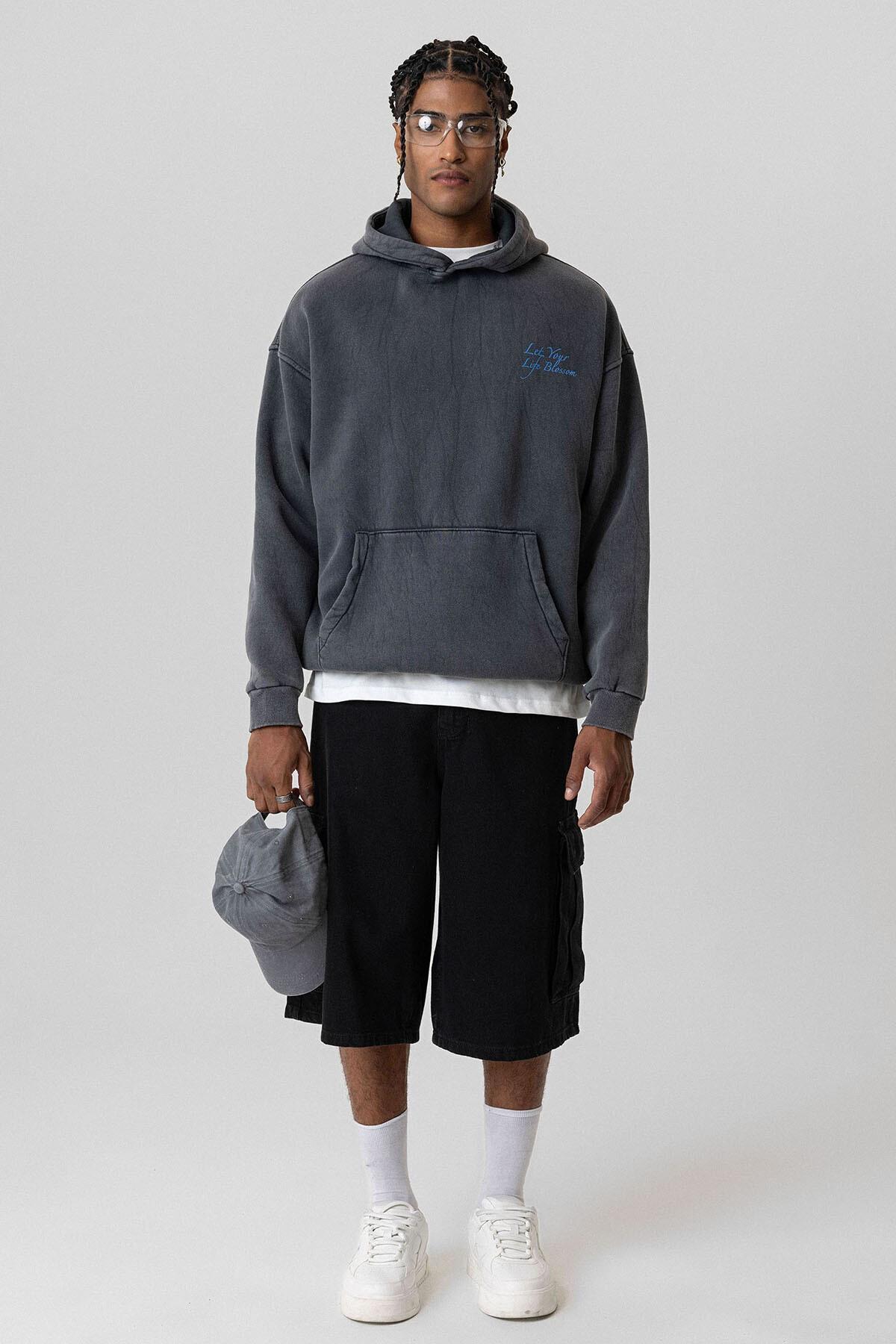 Yazı Detaylı Yıkamalı Oversize Sweatshirt Siyah