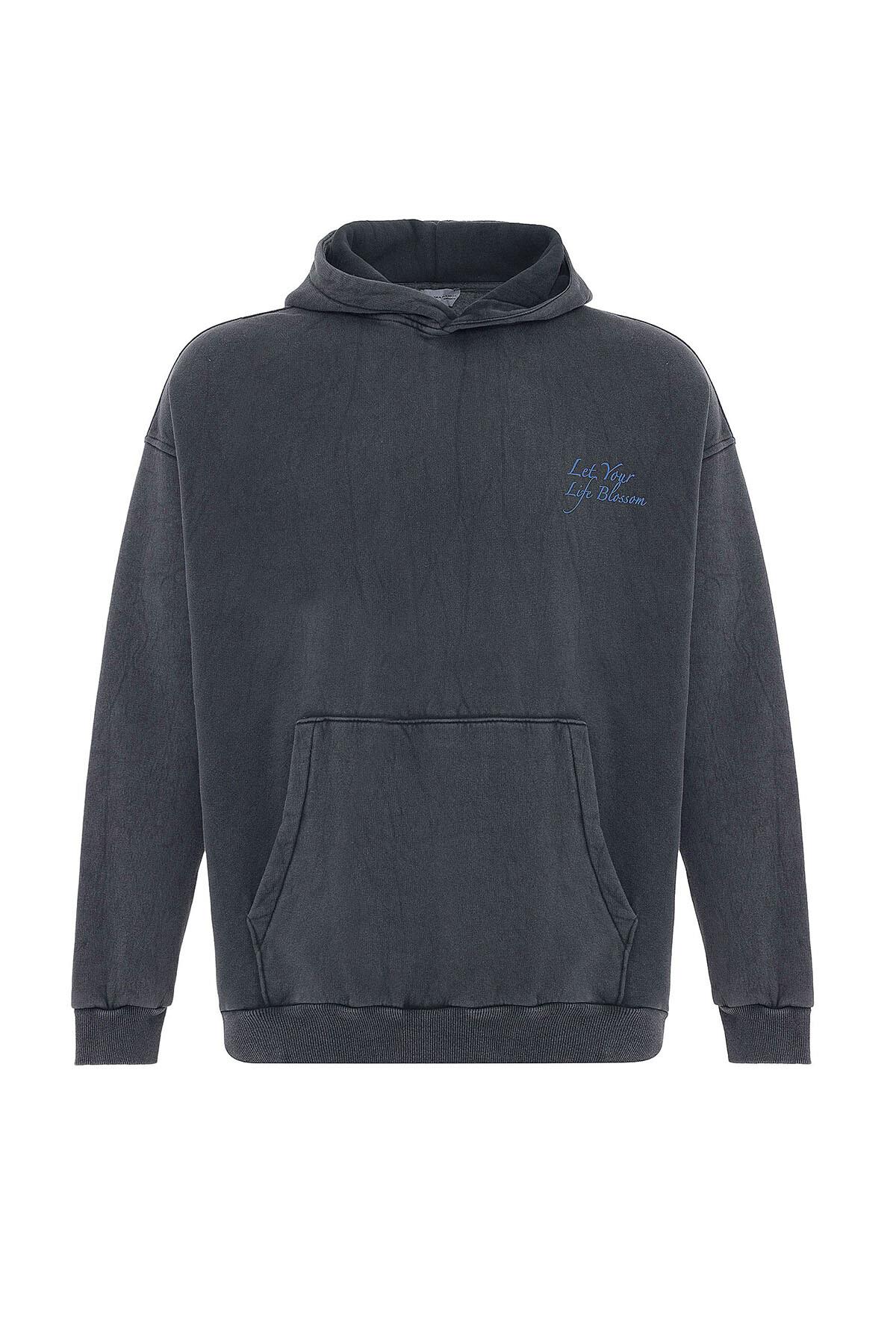 Yazı Detaylı Yıkamalı Oversize Sweatshirt Siyah