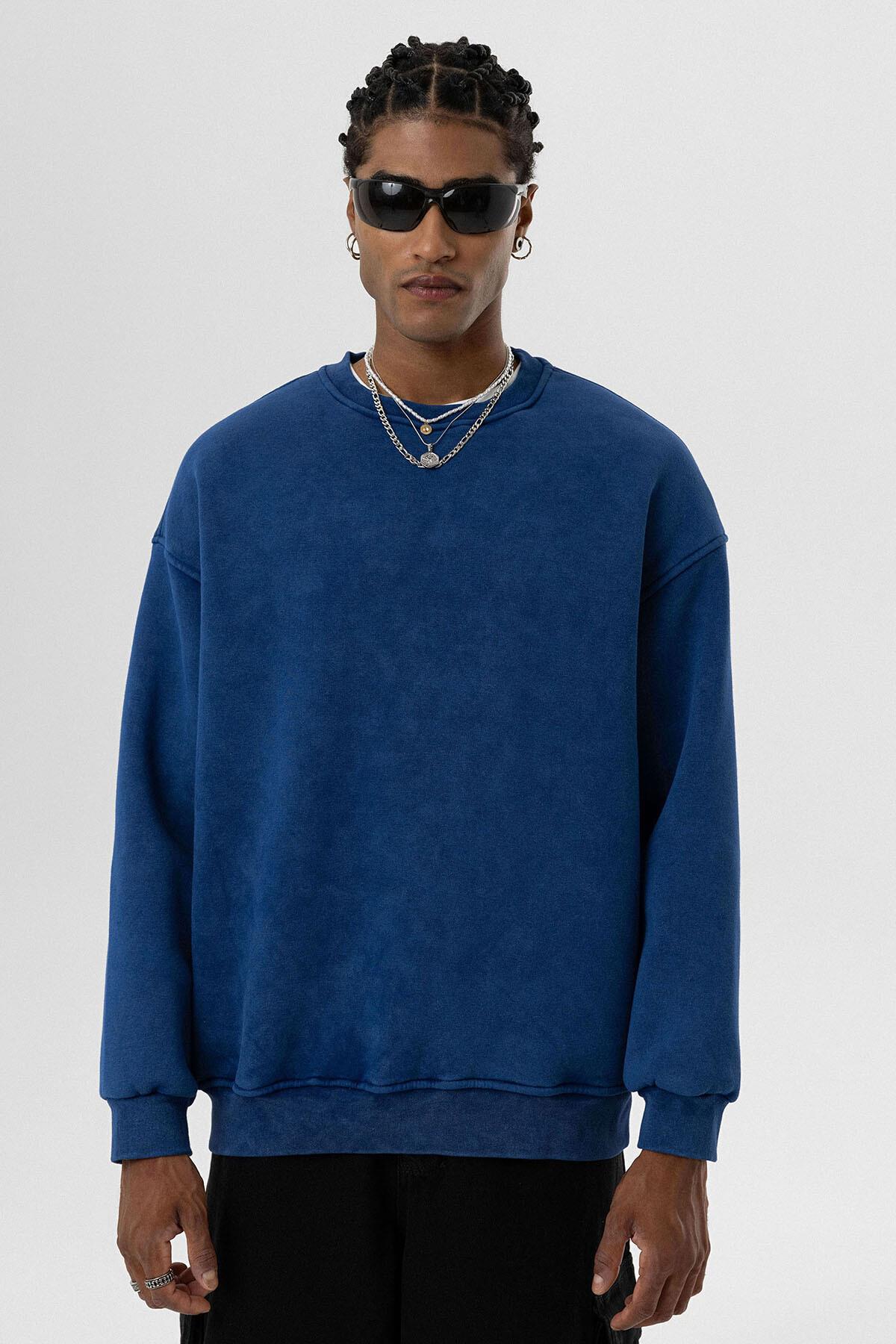 Yıkamalı Basıc Oversize Sweatshirt İndigo