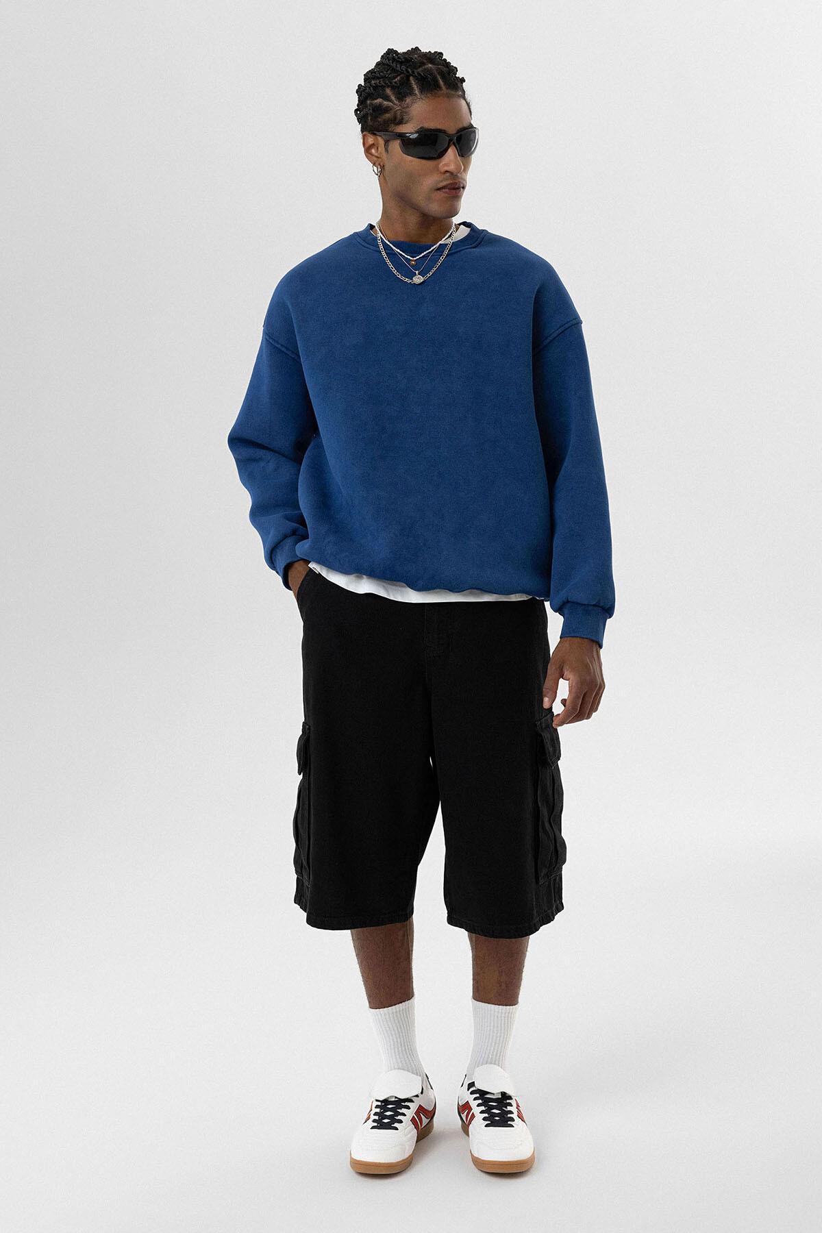 Yıkamalı Basıc Oversize Sweatshirt İndigo