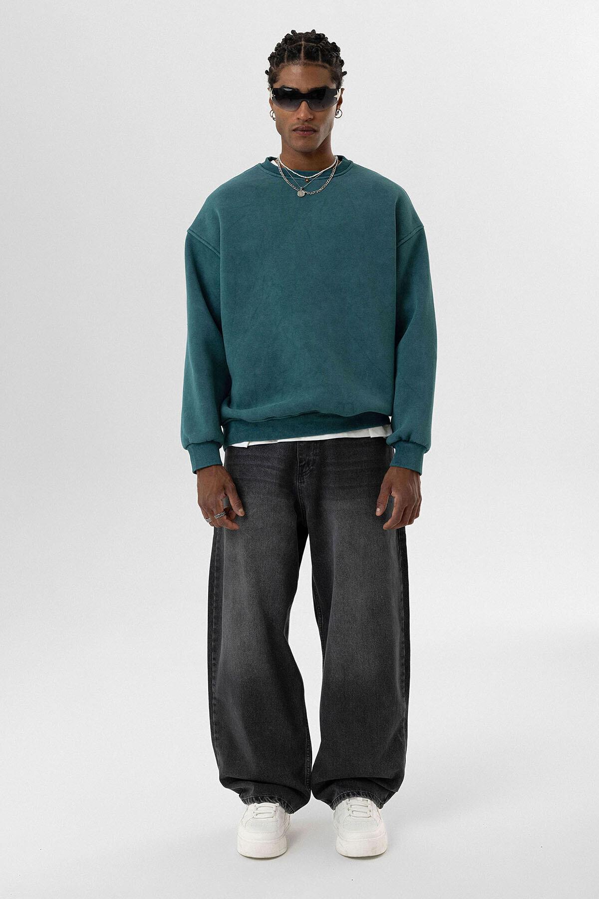Yıkamalı Basıc Oversize Sweatshirt Petrol