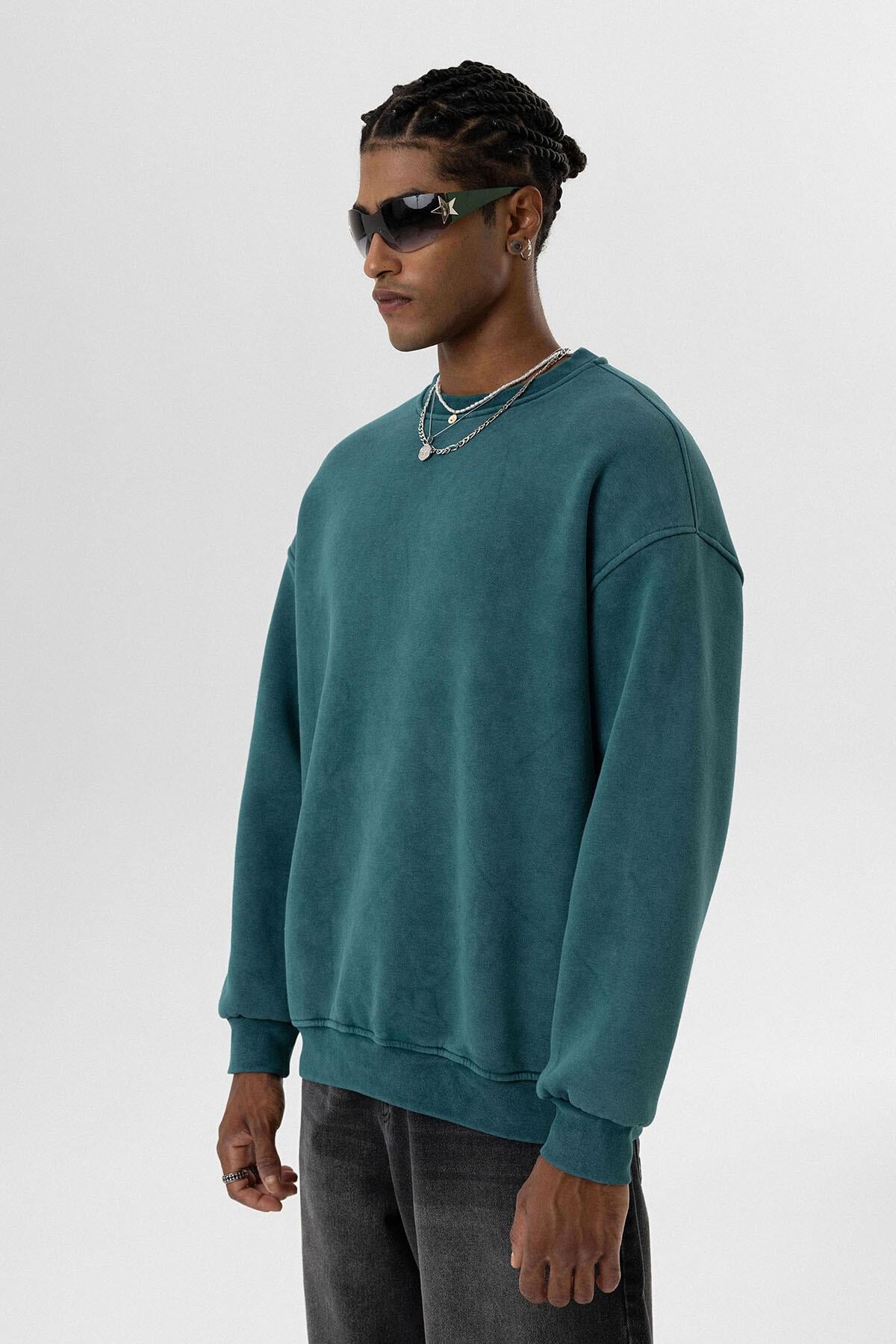 Yıkamalı Basıc Oversize Sweatshirt Petrol