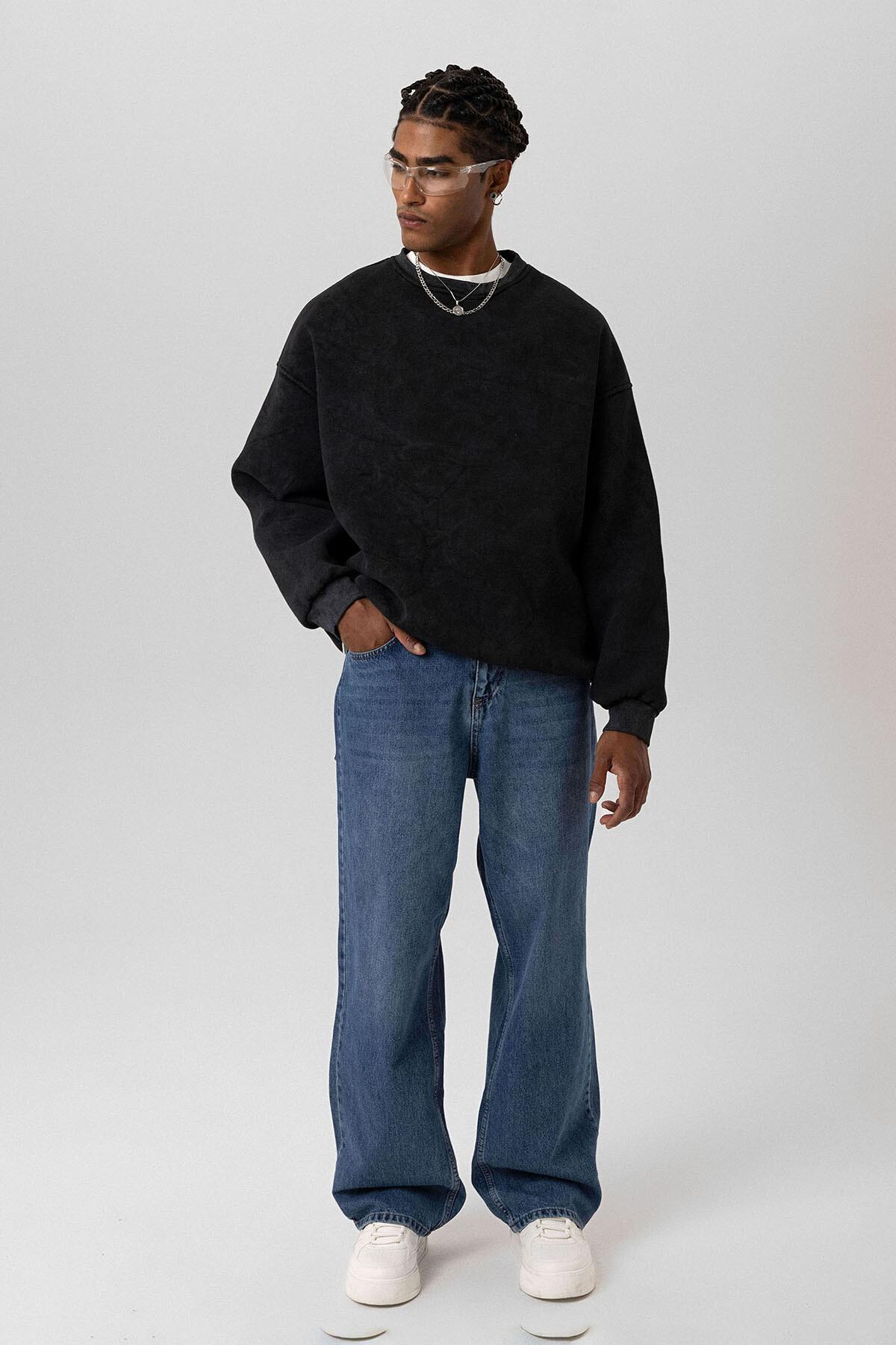 Yıkamalı Basıc Oversize Sweatshirt Siyah