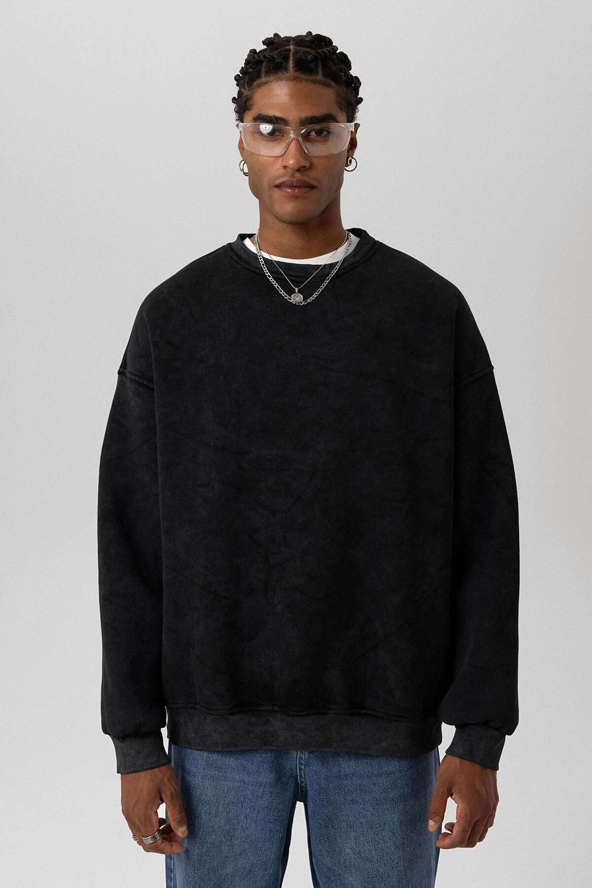 Yıkamalı Basıc Oversize Sweatshirt Siyah