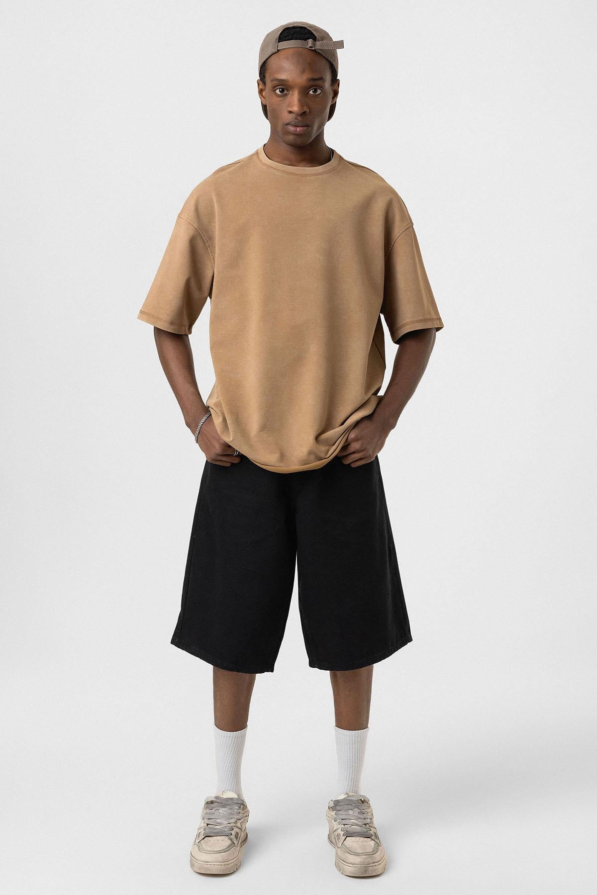Yıkamalı Basic Oversize Tişört Camel