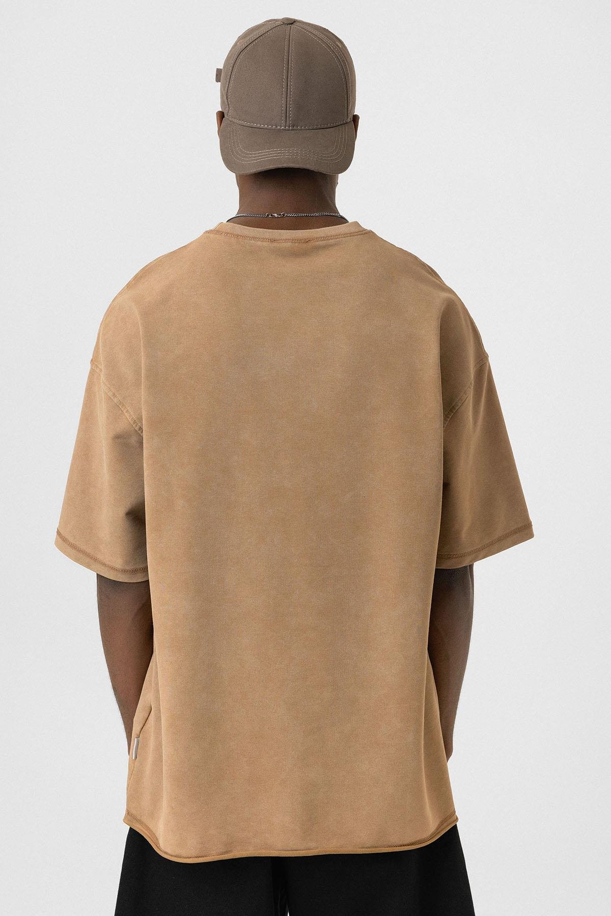 Yıkamalı Basic Oversize Tişört Camel
