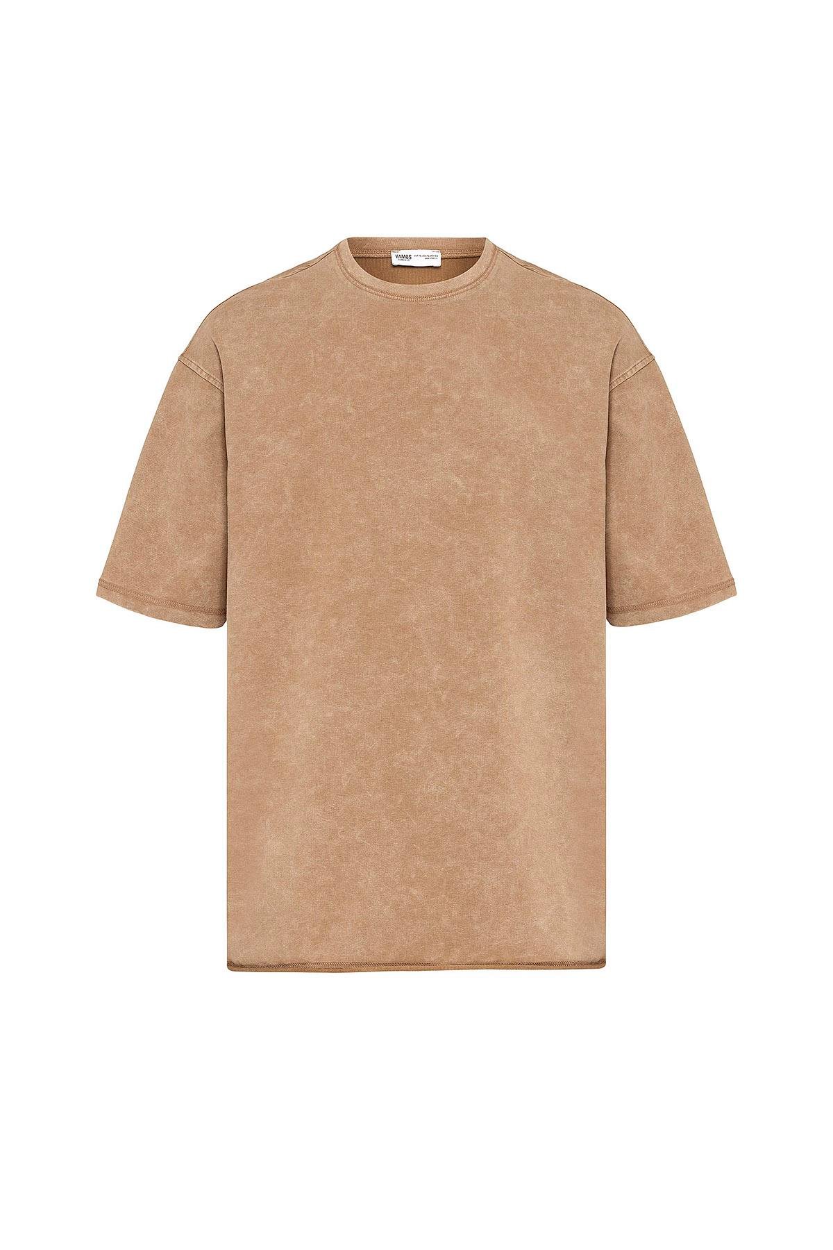 Yıkamalı Basic Oversize Tişört Camel
