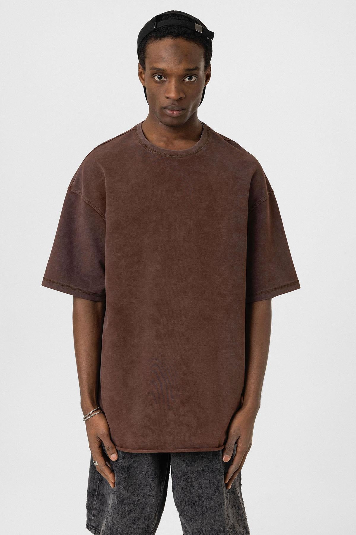 Yıkamalı Basic Oversize Tişört Kahve