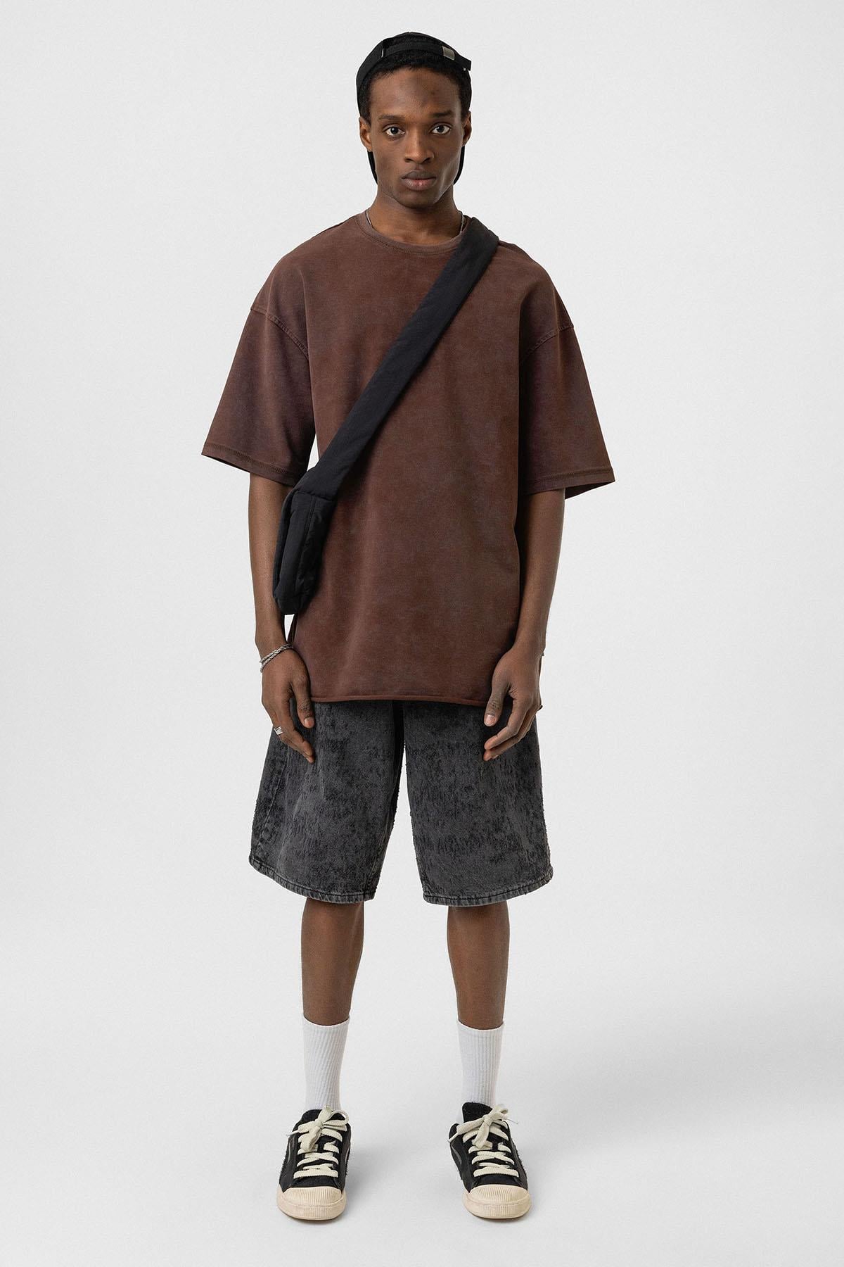 Yıkamalı Basic Oversize Tişört Kahve