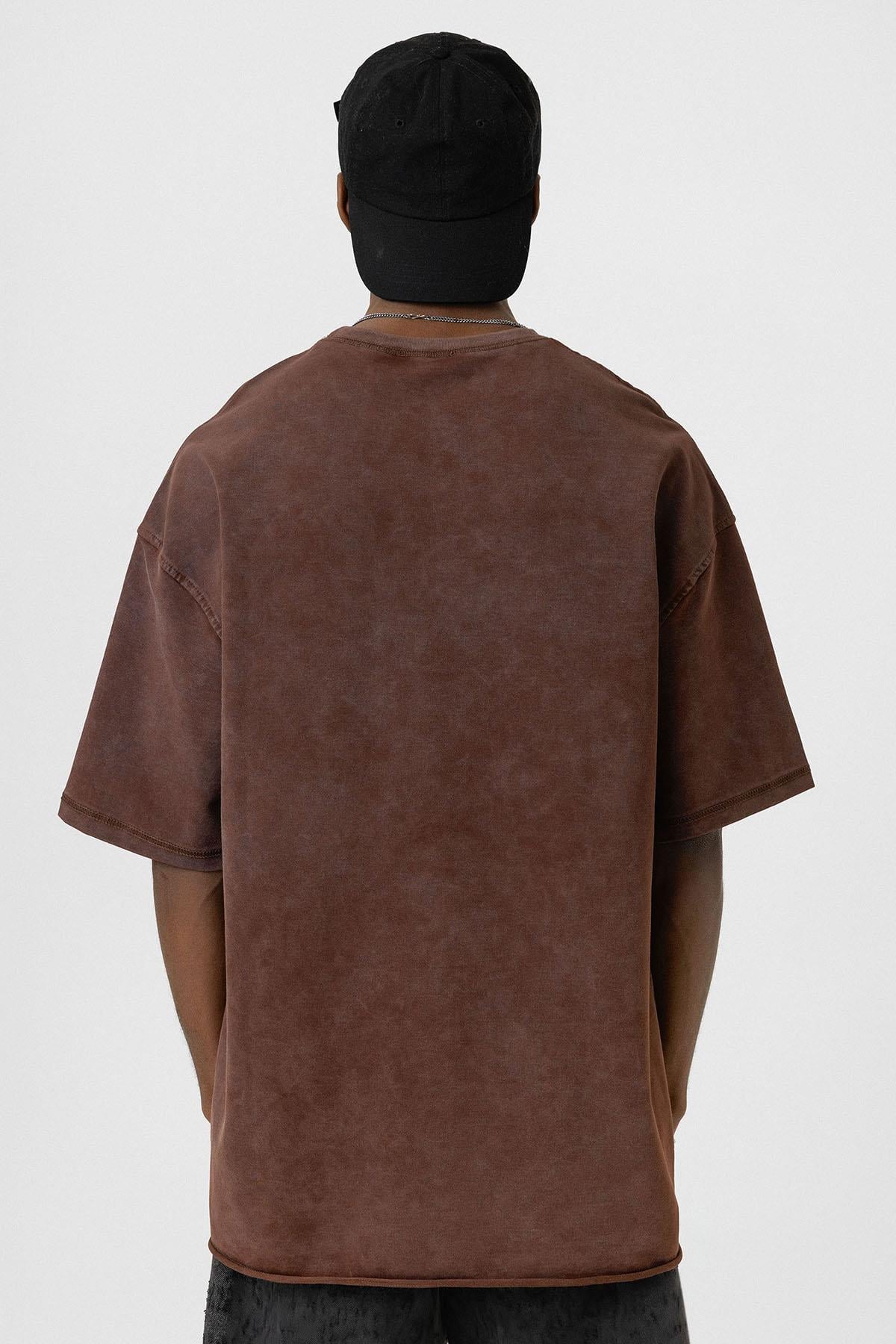 Yıkamalı Basic Oversize Tişört Kahve