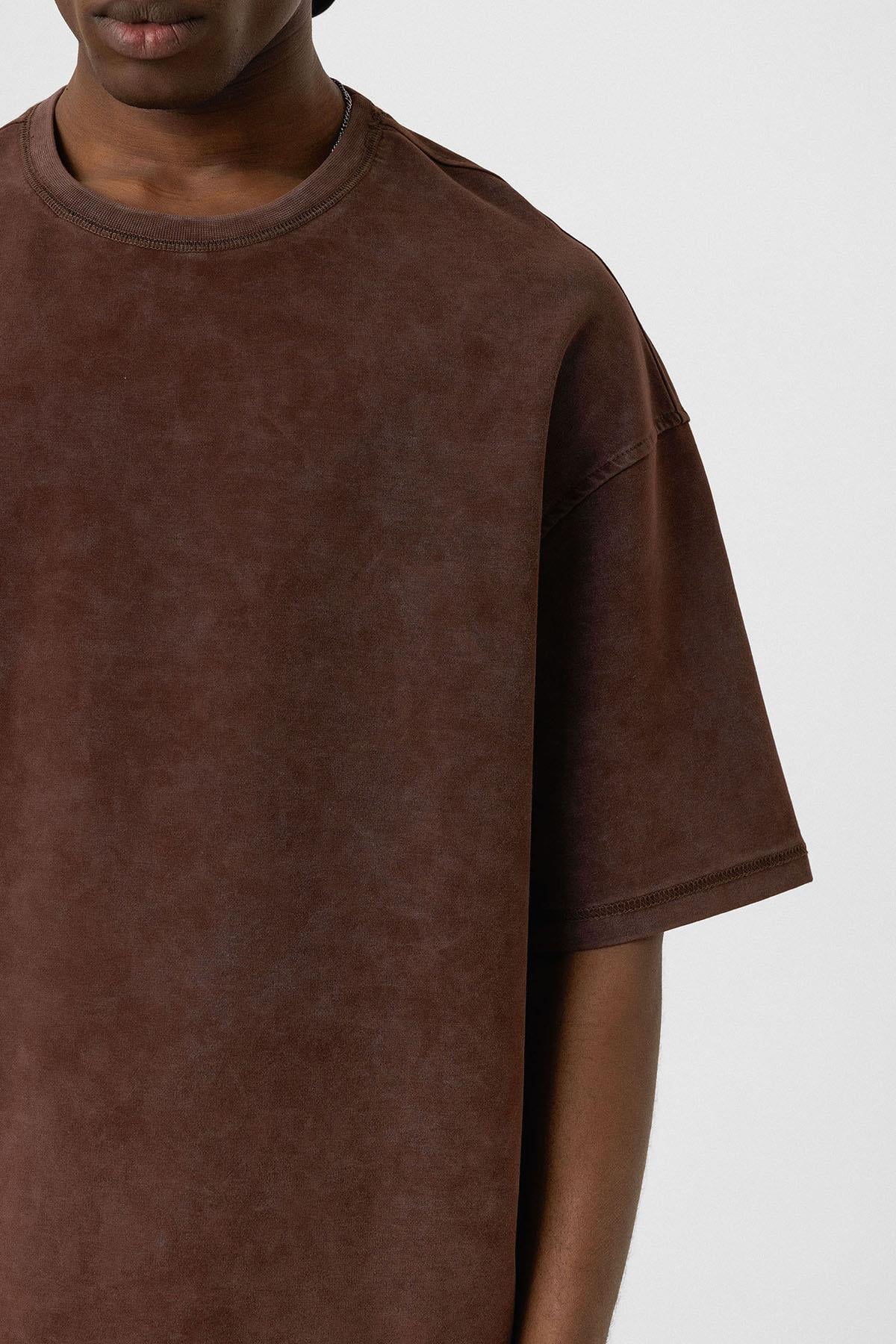 Yıkamalı Basic Oversize Tişört Kahve