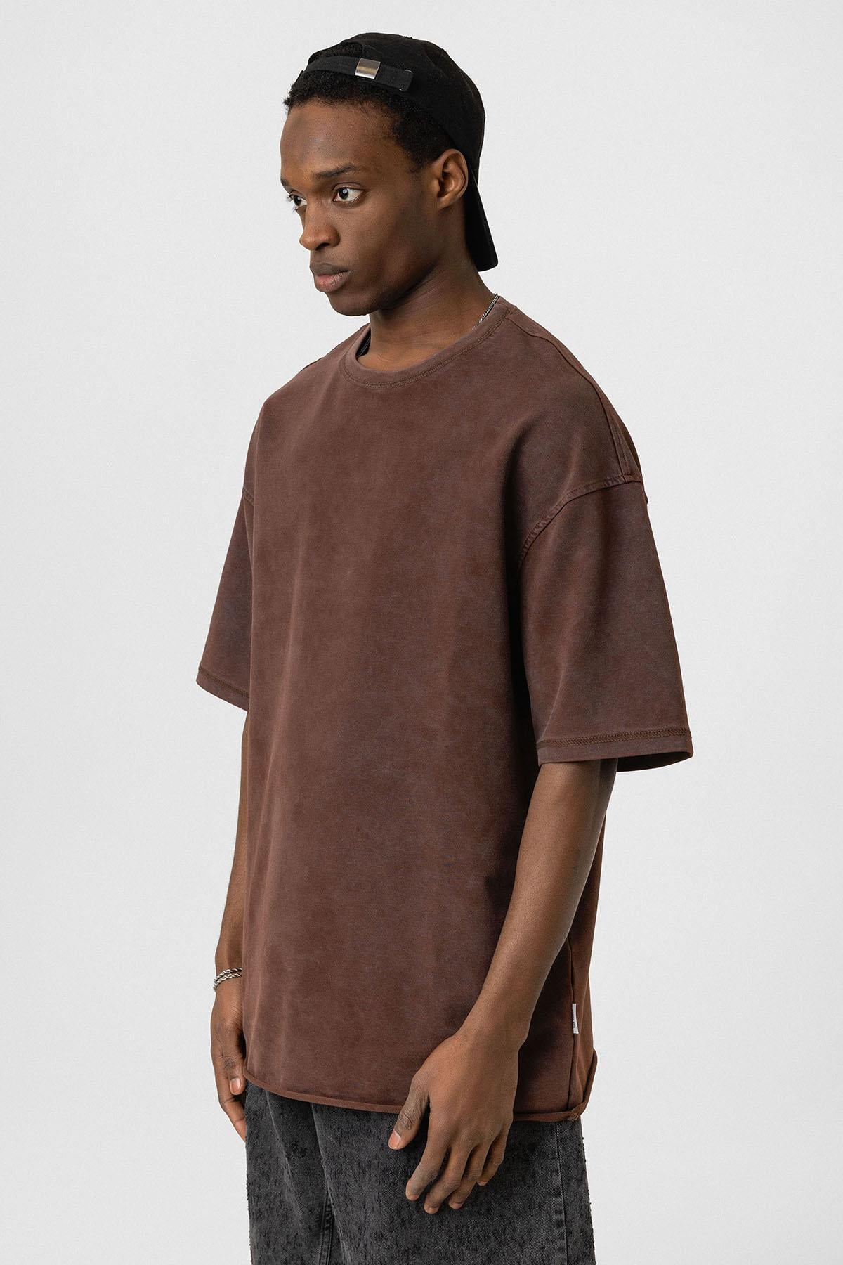 Yıkamalı Basic Oversize Tişört Kahve