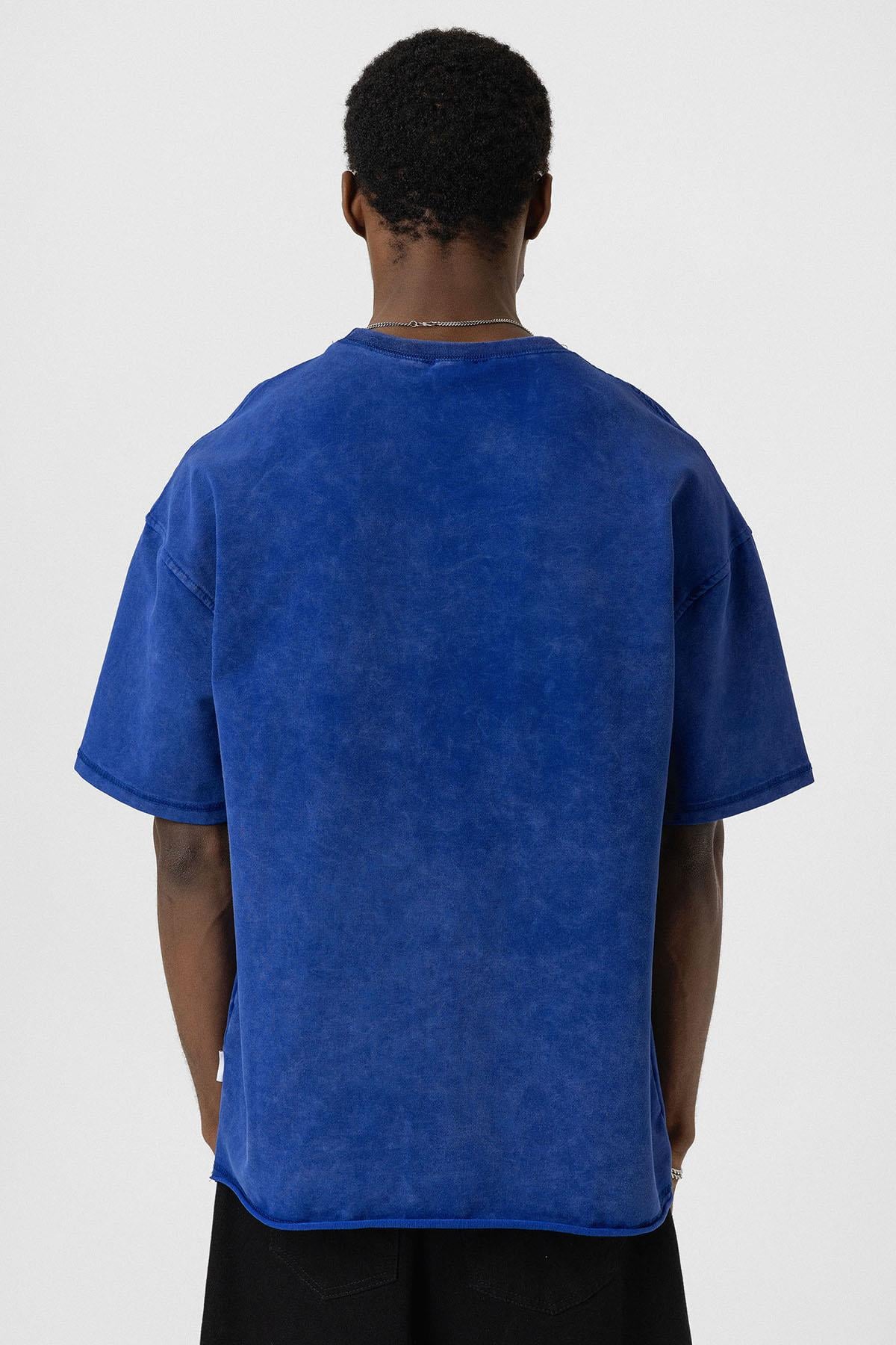 Yıkamalı Basic Oversize Tişört Saks