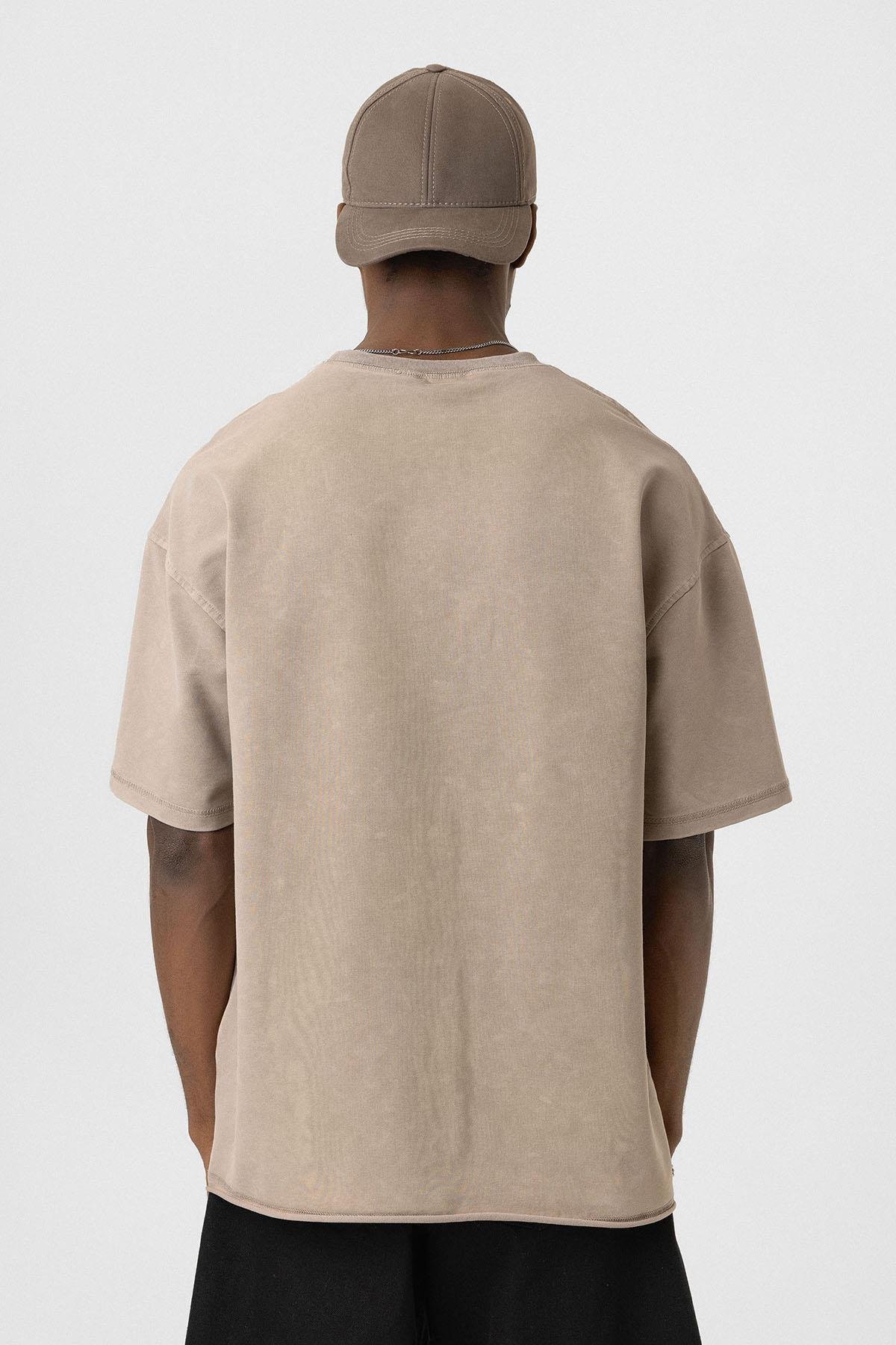 Yıkamalı Basic Oversize Tişört Vizon