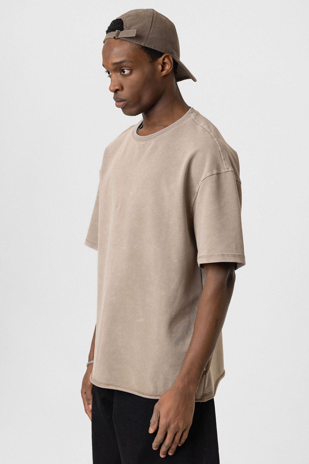Yıkamalı Basic Oversize Tişört Vizon