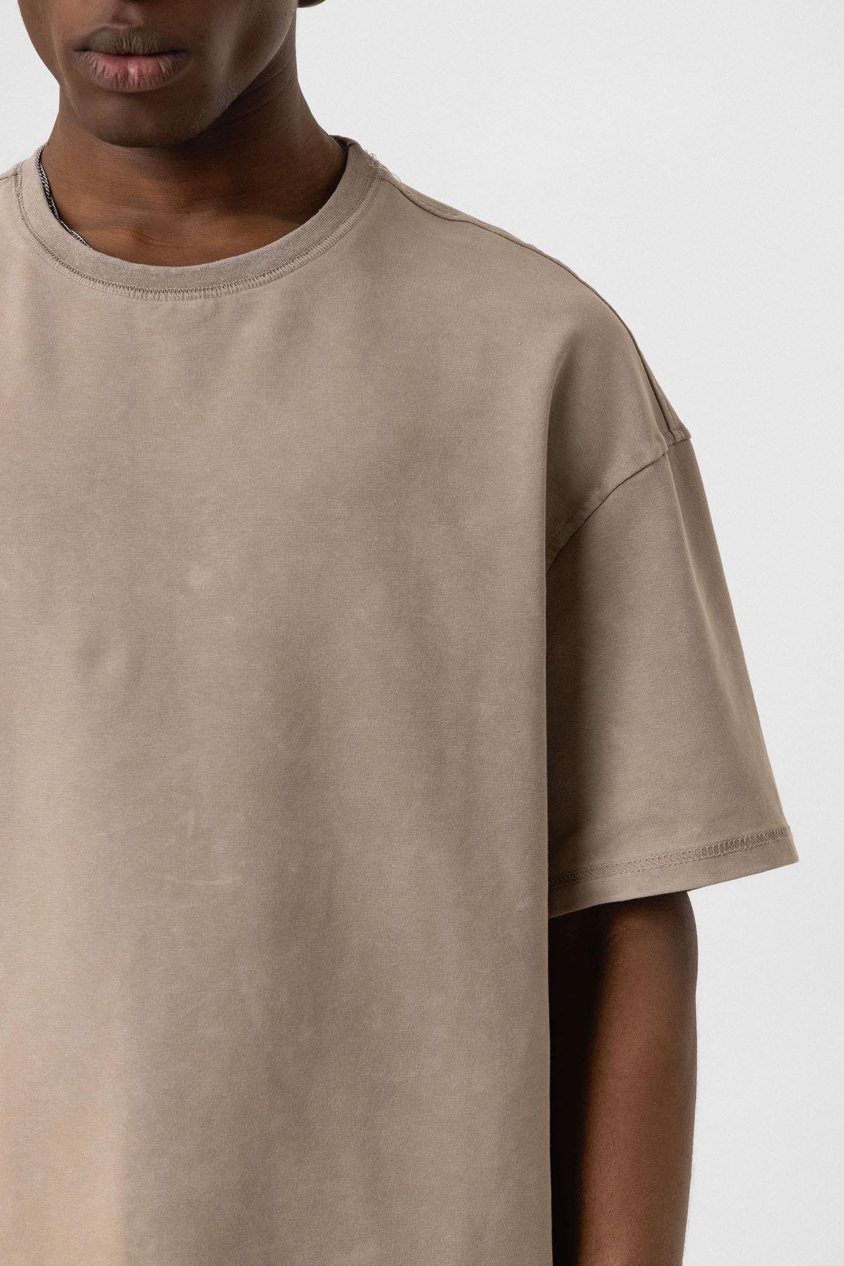 Yıkamalı Basic Oversize Tişört Vizon