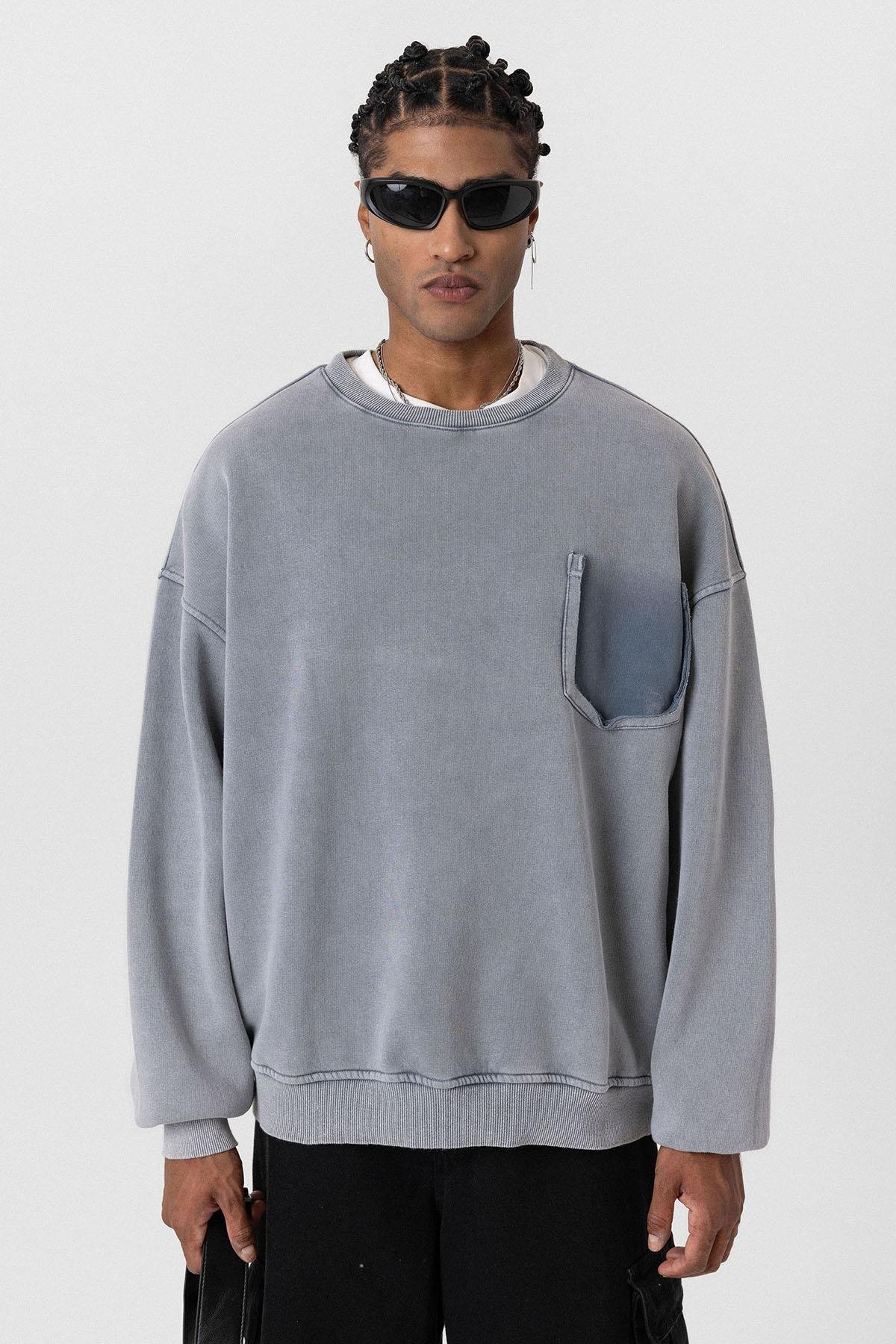 Yıkamalı Cep Detaylı Oversize Sweatshirt Açık Gri