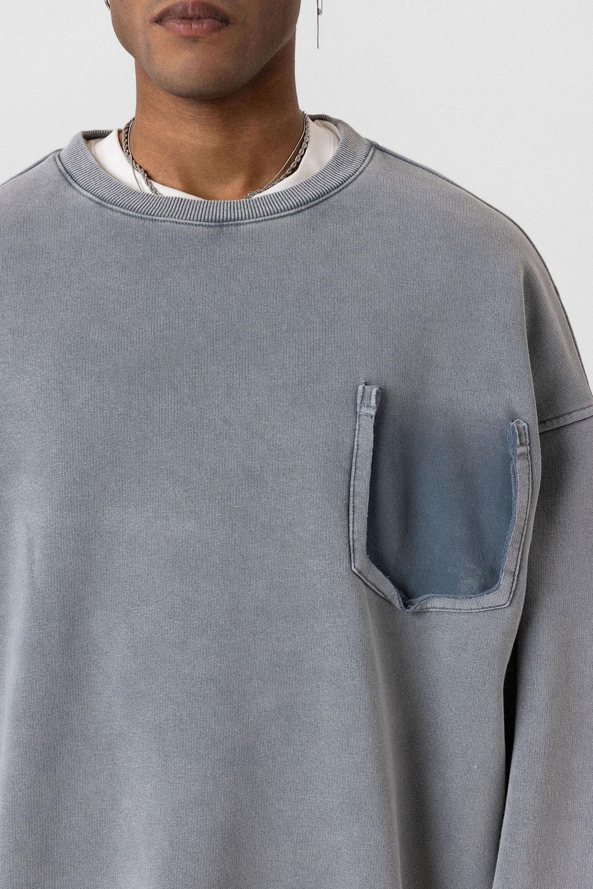 Yıkamalı Cep Detaylı Oversize Sweatshirt Açık Gri