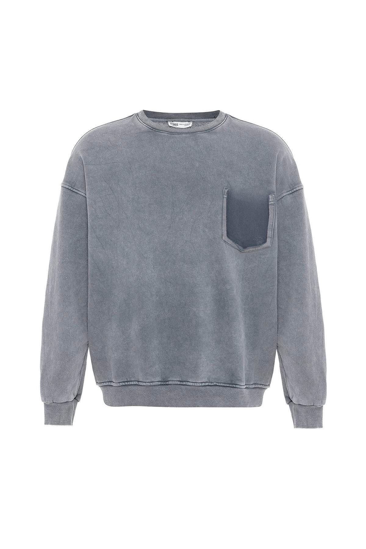 Yıkamalı Cep Detaylı Oversize Sweatshirt Açık Gri
