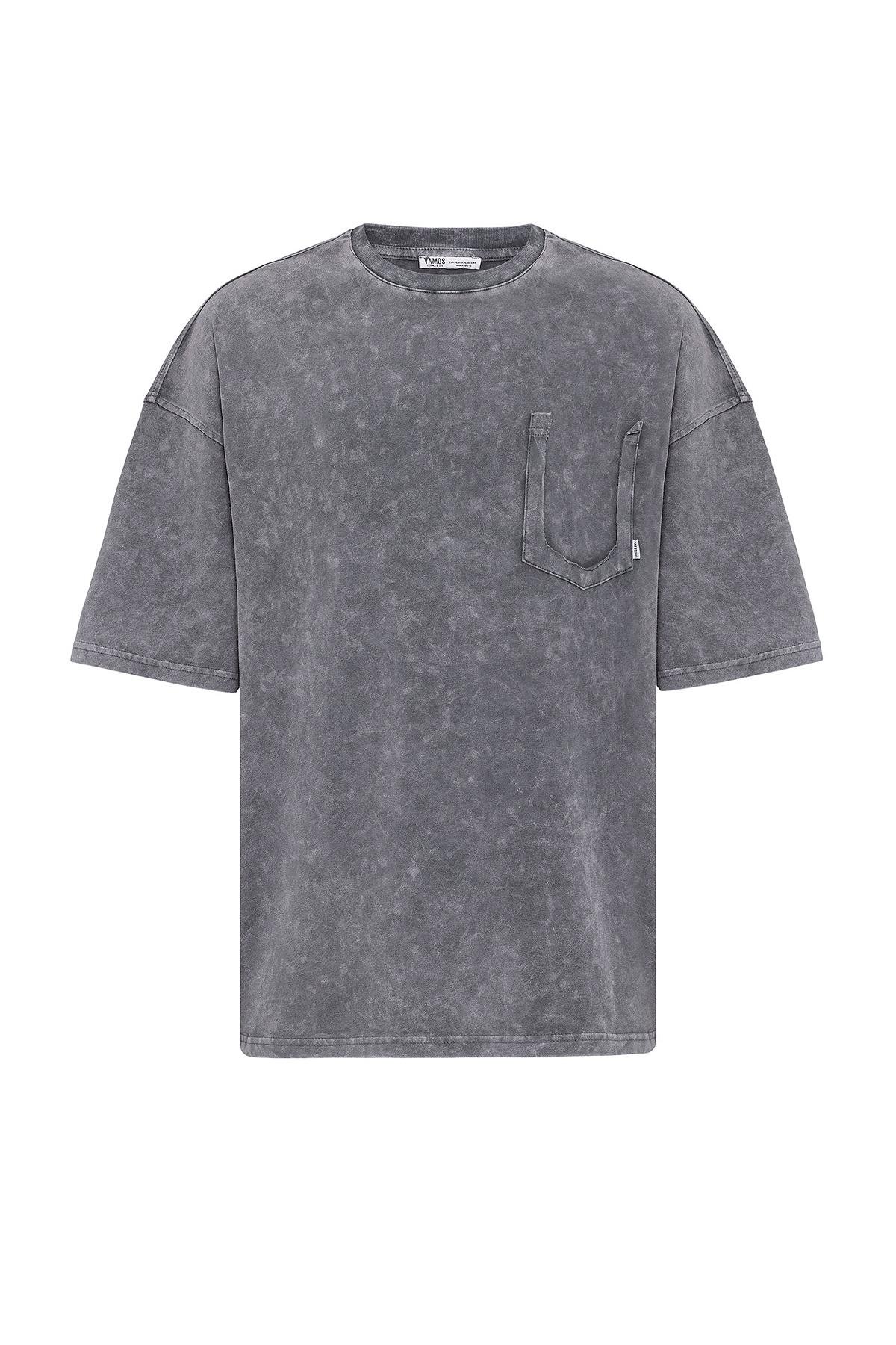 Yıkamalı Cep Detaylı Oversize Tişört Açık Füme