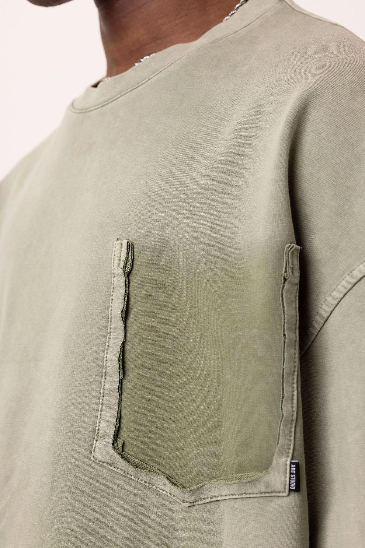 Yıkamalı Cep Detaylı Oversize Tişört Haki