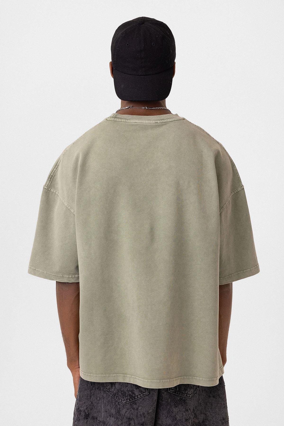 Yıkamalı Cep Detaylı Oversize Tişört Haki