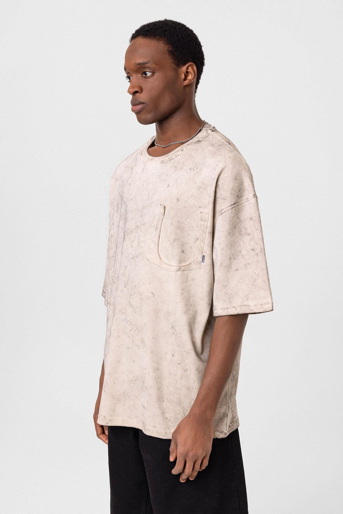 Yıkamalı Cep Detaylı Oversize Tişört Taş