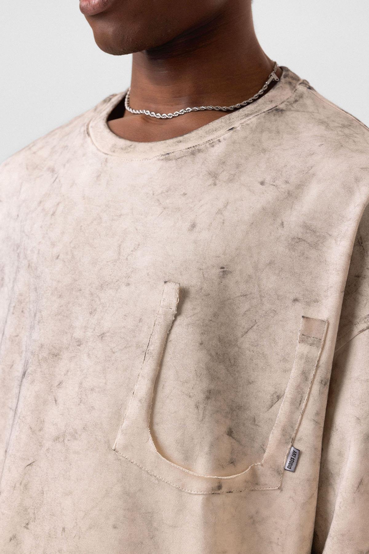 Yıkamalı Cep Detaylı Oversize Tişört Taş