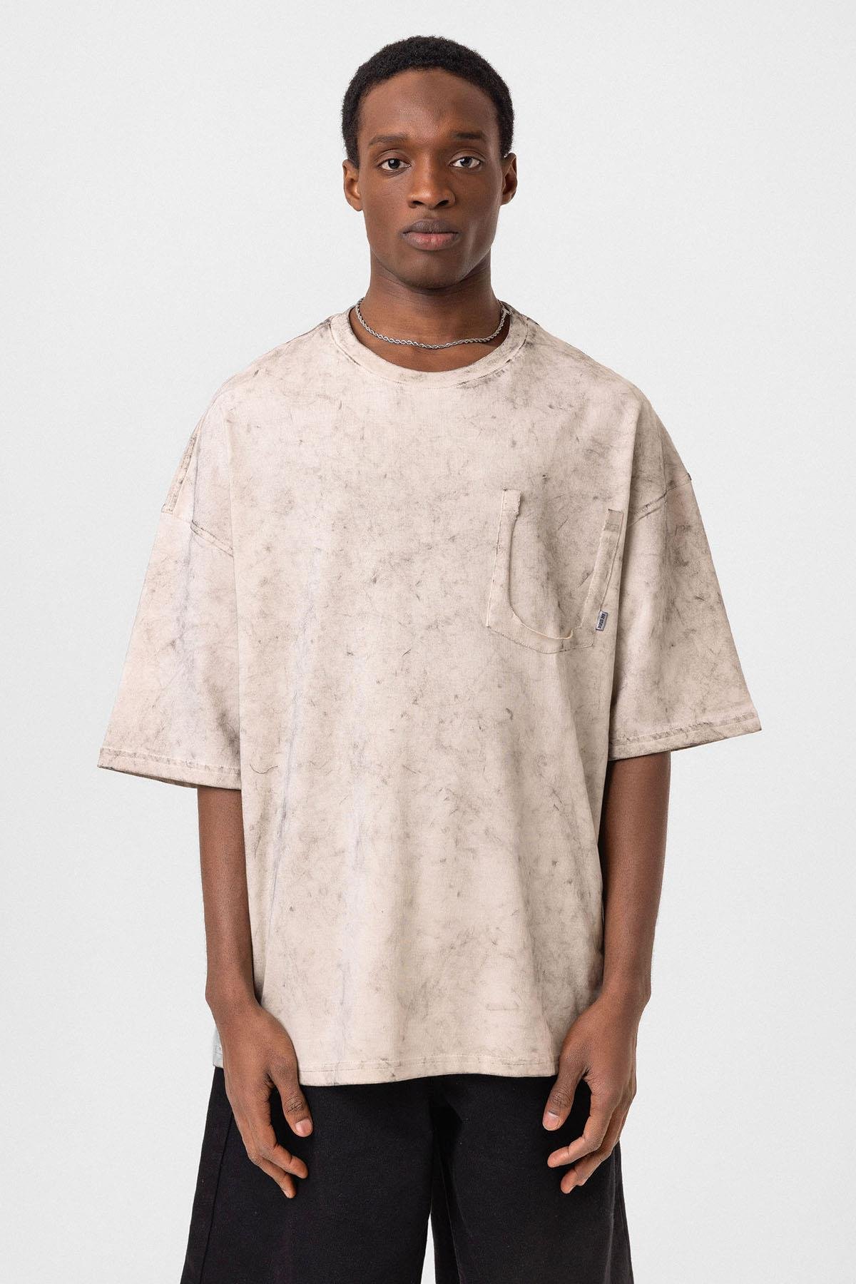 Yıkamalı Cep Detaylı Oversize Tişört Taş