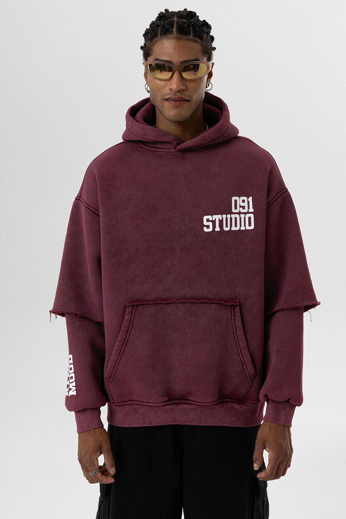 Yıkamalı Çift Kol Detaylı Kapüşonlu Oversize Sweatshirt Bordo