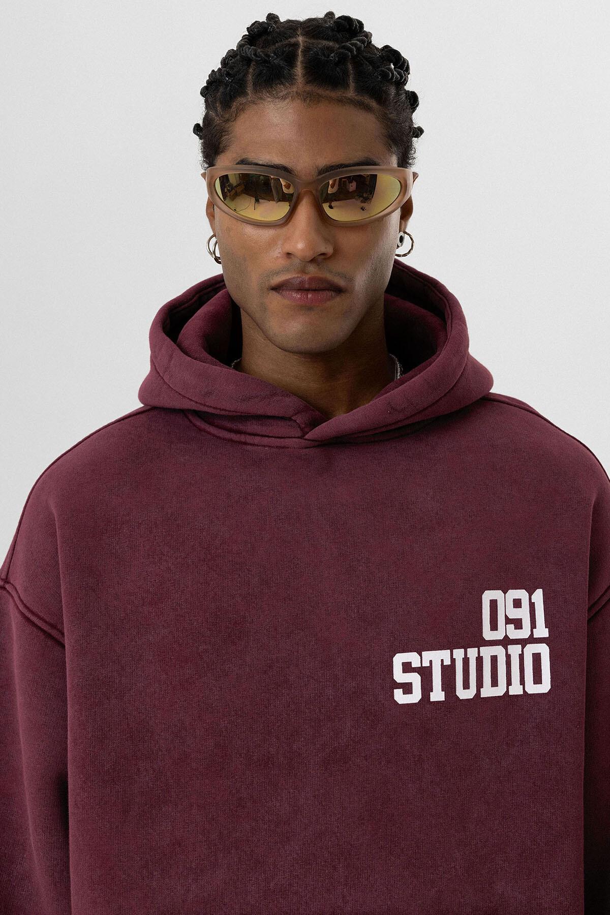 Yıkamalı Çift Kol Detaylı Kapüşonlu Oversize Sweatshirt Bordo