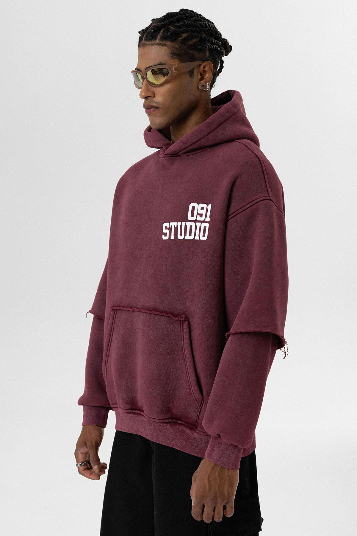 Yıkamalı Çift Kol Detaylı Kapüşonlu Oversize Sweatshirt Bordo