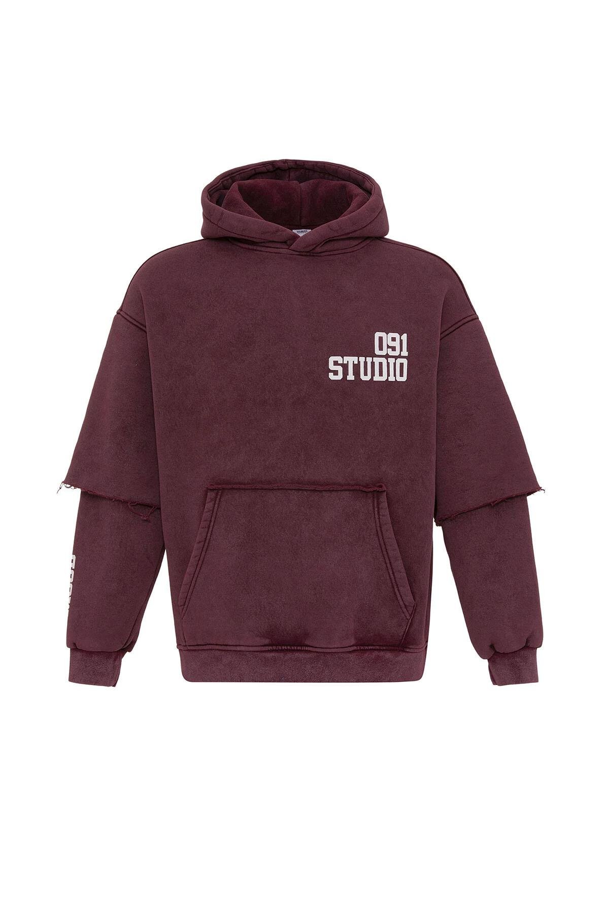 Yıkamalı Çift Kol Detaylı Kapüşonlu Oversize Sweatshirt Bordo