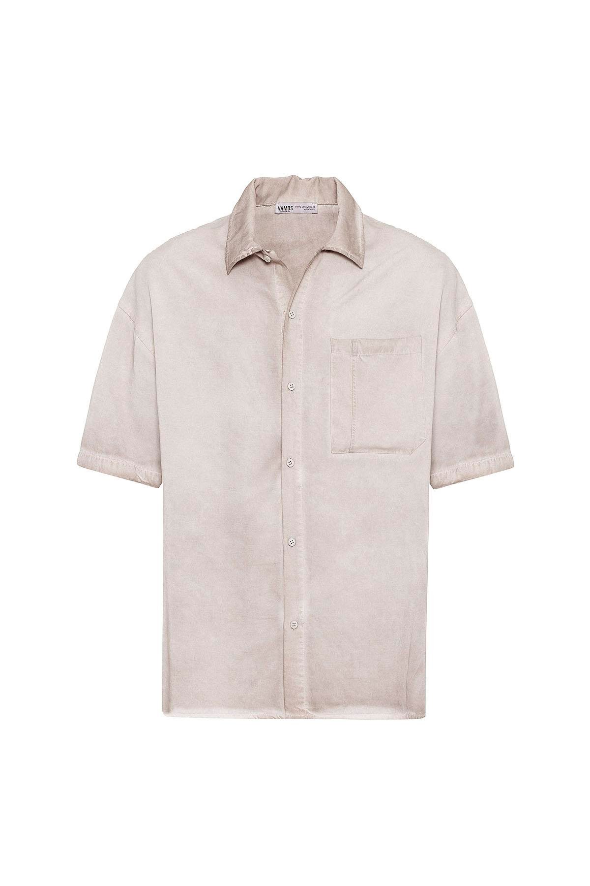 Yıkamalı Kısa Kollu Oversize Gömlek Taş